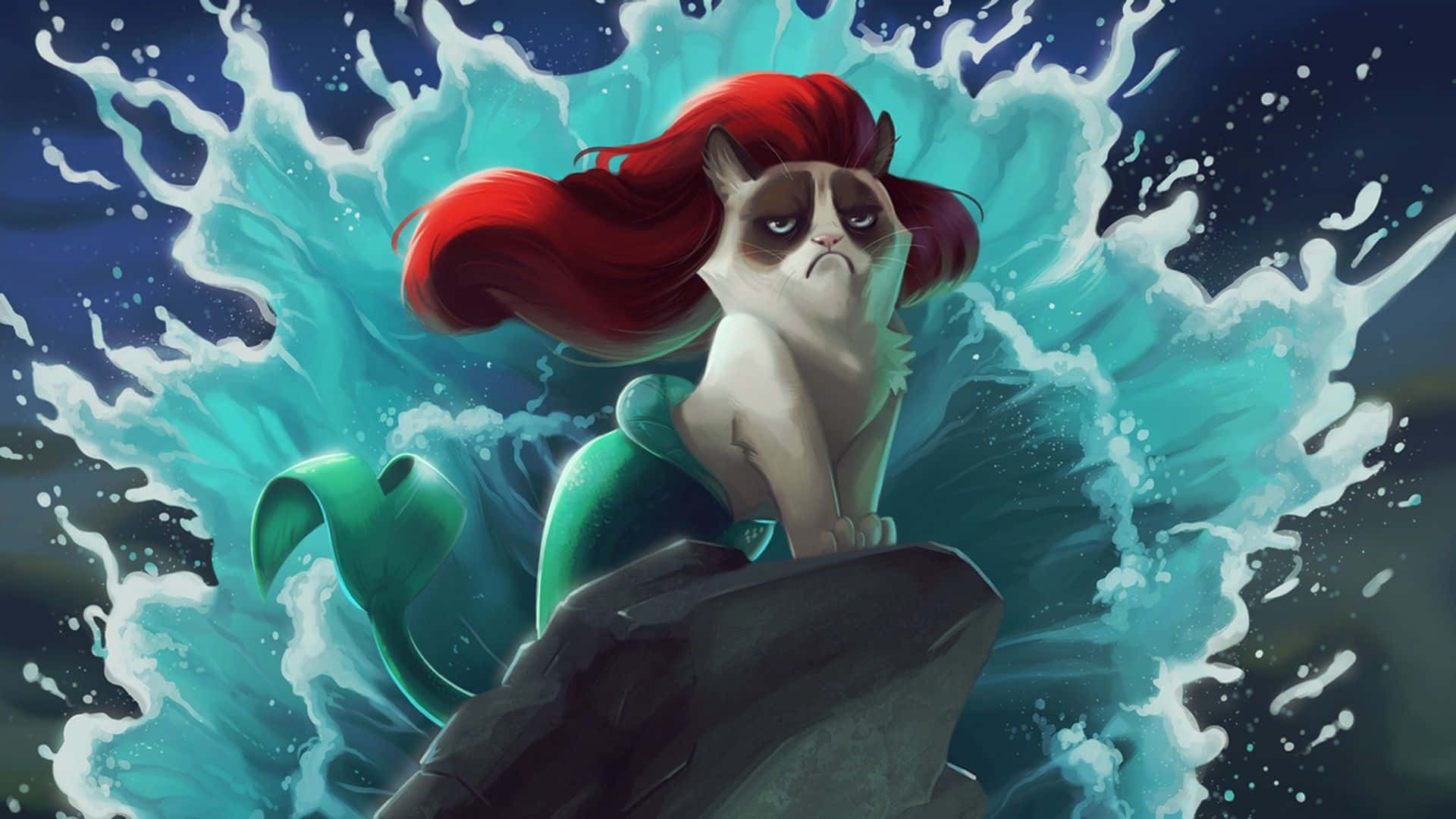 Kawaii Mermaid 桌布 壁紙 — 一隻紅髮綠尾人魚貓，脾氣暴躁，坐在岩石上，四周是碧綠的海浪。