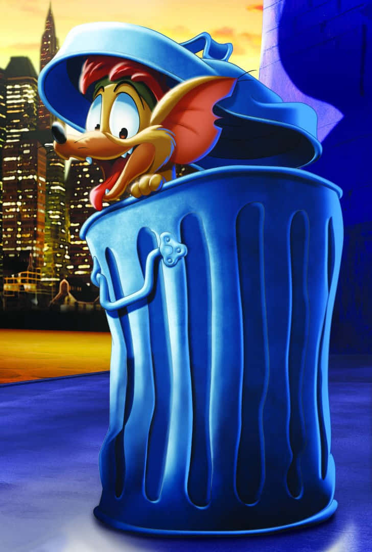 oliver and company 桌布 壁紙 — 一隻紅髮藍帽的卡通狗興奮地從藍色垃圾桶中探出頭來，背景是暮色中閃爍的城市天際線。