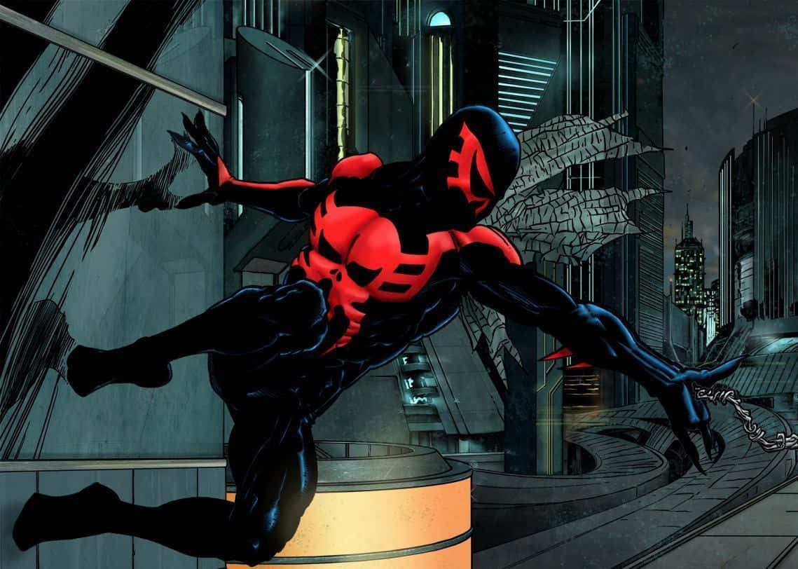 Spider Man 2099 桌布 壁紙 — 一隻紅黑蜘蛛人在夜晚動態地跳躍穿過黑暗的未來城市景觀。