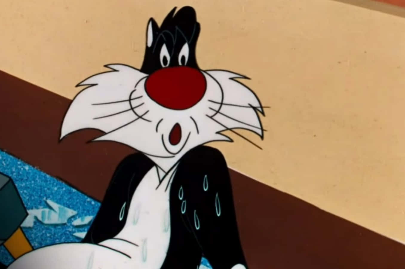 Sylvester The Cat 桌布 壁紙 — 一隻紅鼻子白毛的卡通貓，在米色和棕色背景前大汗淋漓，看起來很震驚。