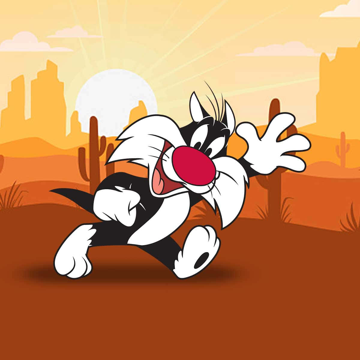 Sylvester The Cat 桌布 壁紙 — 一隻紅鼻子的卡通貓在夕陽下的沙漠景觀中瘋狂奔跑。