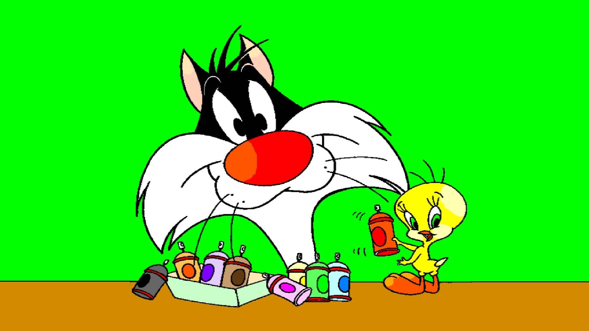 Sylvester 桌布 壁紙 — 一隻紅鼻白毛的卡通貓站在一隻拿著噴漆罐的小黃鳥旁邊，背景是明亮的綠色。
