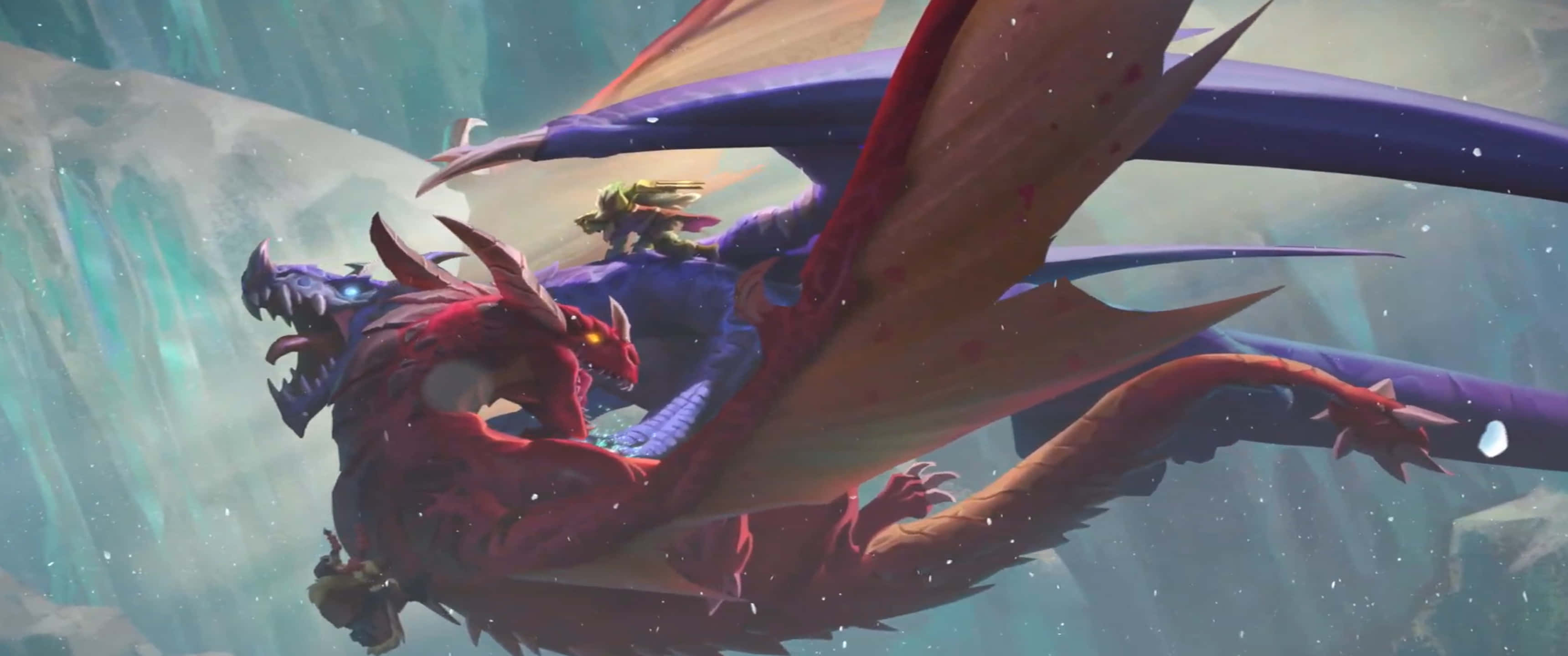 3440x1440p Hearthstone 桌布 壁紙 — 一隻紅龍發光眼睛和騎手在冰洞中翱翔，旁邊有一隻紫龍。