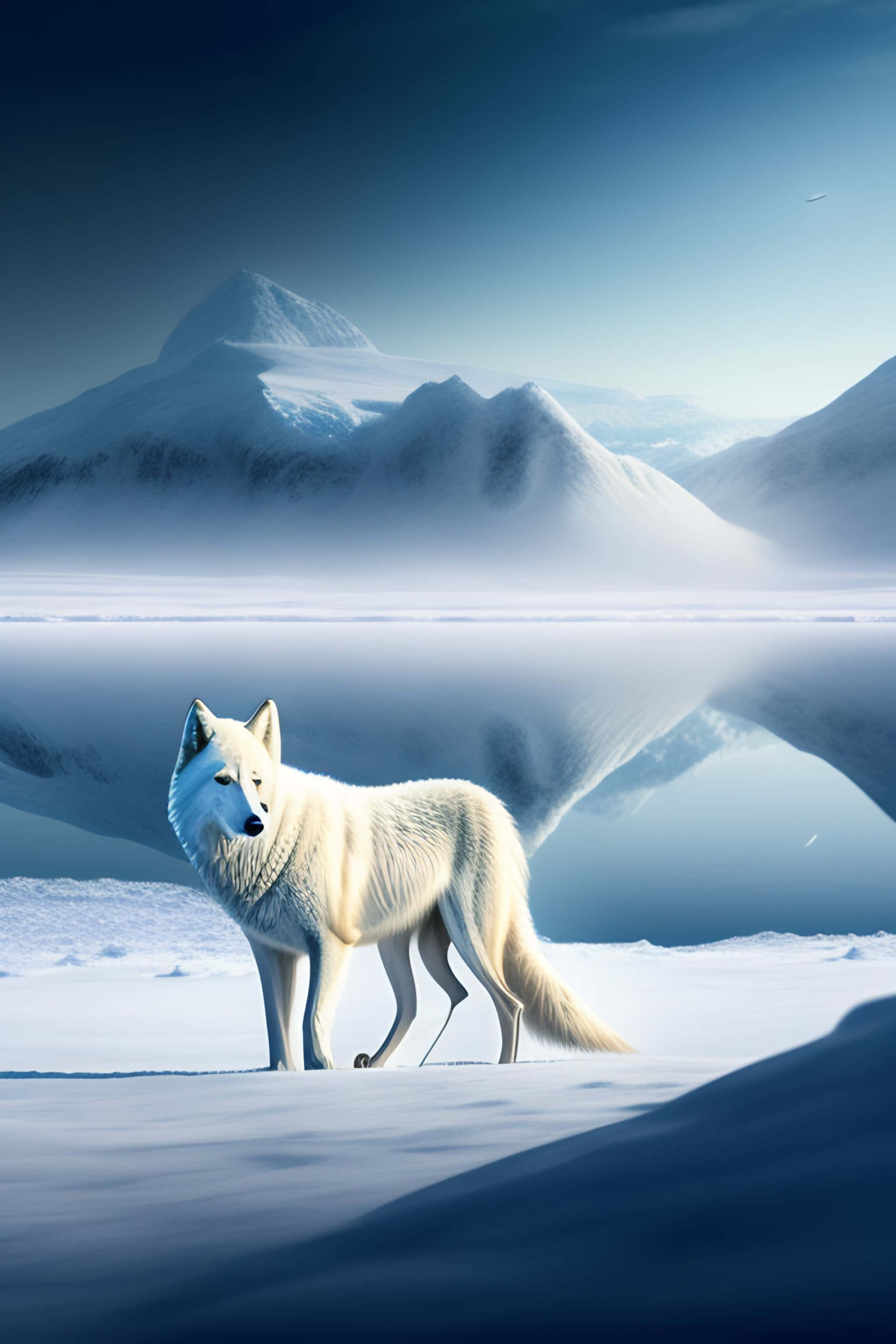 Arctic Wolf 桌布 壁紙 — 一隻純白的狼在廣闊的雪景中警覺地站立，背景是鏡面般的山脈，天空是寧靜的暮色。