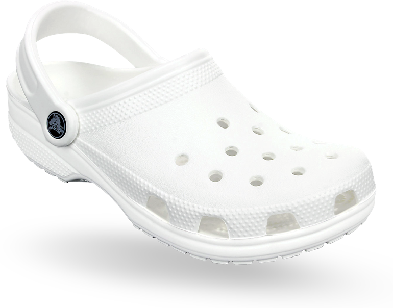 Crocs 桌布 壁紙 — 一隻純白色Crocs木屐鞋孤立在黑色背景上，展示其標誌性的穿孔設計和紋理鞋底。