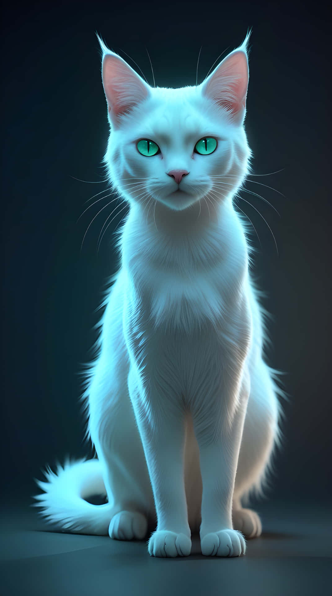 A beautiful white cat 壁紙 — 一隻純白色的貓咪，擁有發光的綠色眼睛，在深藍綠色背景前擺出姿勢，被冷藍色的燈光照亮。