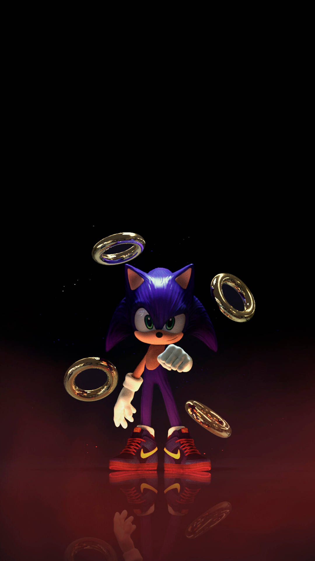 Cool Sonic 桌布 壁紙 — 一隻紫色刺蝟自信地站在深紅色反光地板上，周圍環繞著漂浮的金色圓環。