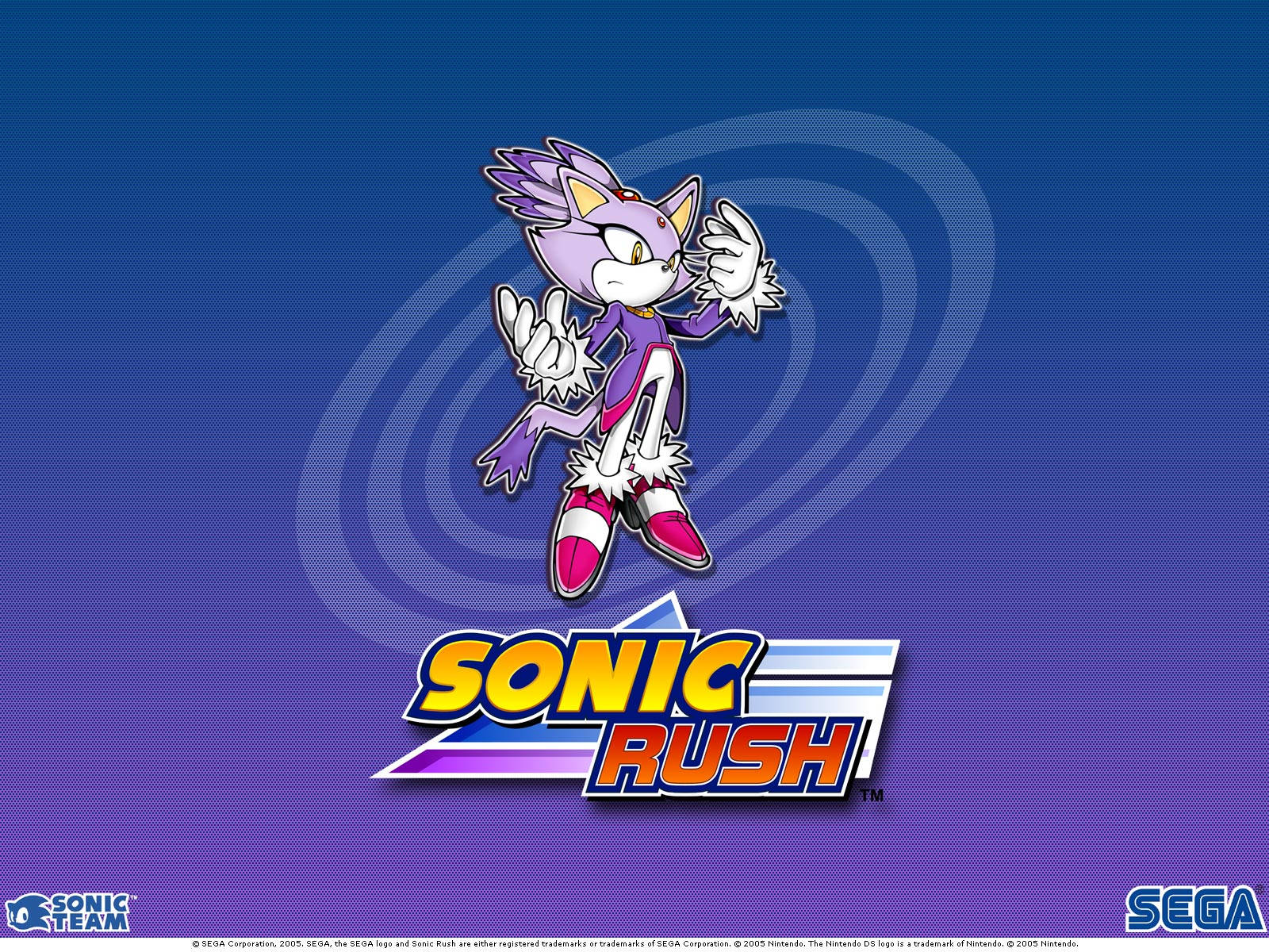 Blaze The Cat 桌布 壁紙 — 一隻紫色刺蝟角色以動態姿勢呈現，戴著白色手套和紅色鞋子，背景為藍色漸變，帶有旋轉運動線條，下方是Sonic Rush標誌。
