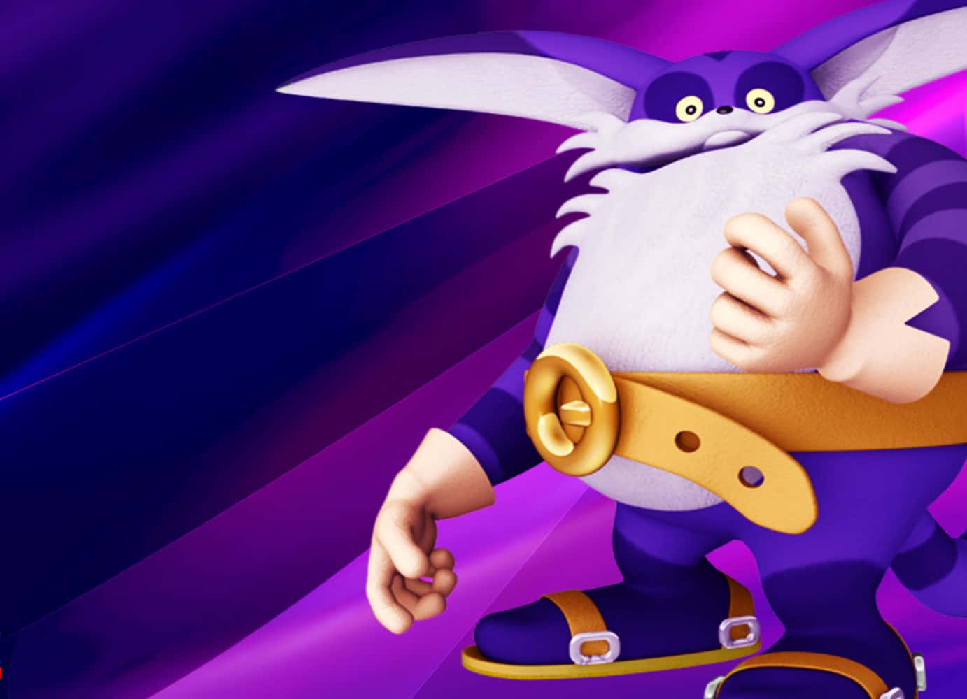 Big The Cat 桌布 壁紙 — 一隻紫色動畫兔，有白色鬍鬚和金色腰帶，自信地站在充滿活力的紫色和藍色漸變背景前。