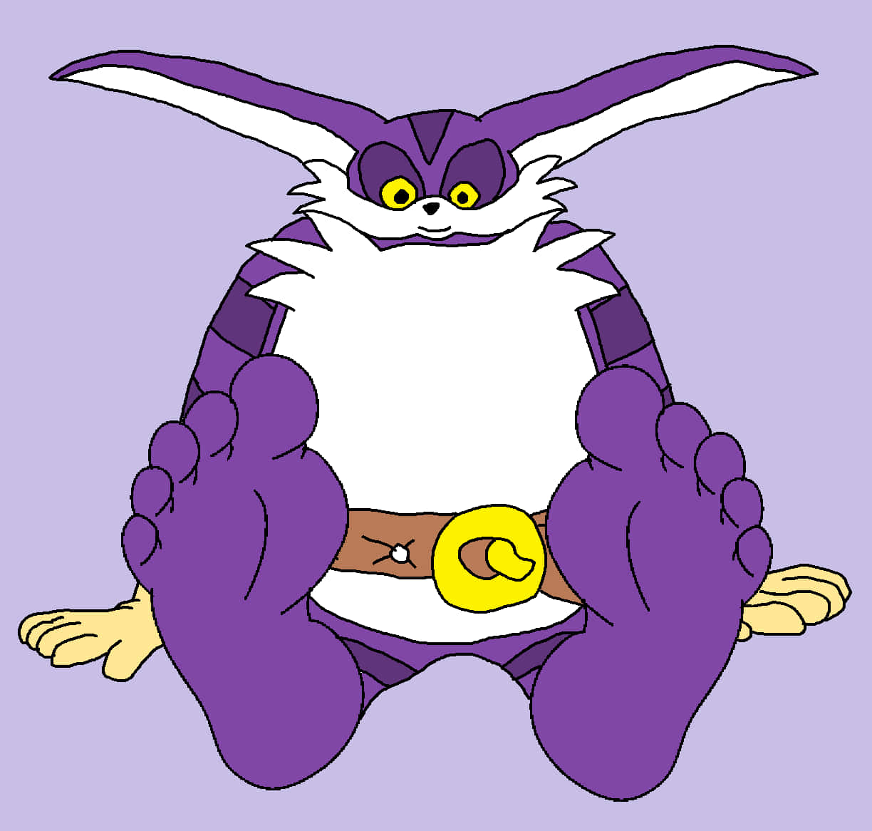 Big The Cat 桌布 壁紙 — 一隻紫色卡通兔，黃色眼睛，大腳，盤腿坐在薰衣草背景前。