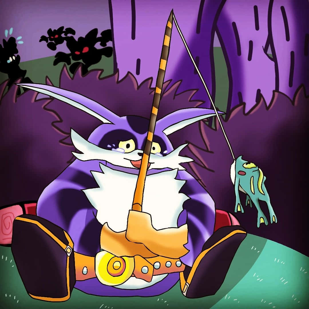 Big The Cat 桌布 壁紙 — 一隻紫色卡通狐狸，白色毛皮，黃色眼睛，盤腿而坐，手持釣竿，釣線上有發光的綠色青蛙，背景是深紫色森林。
