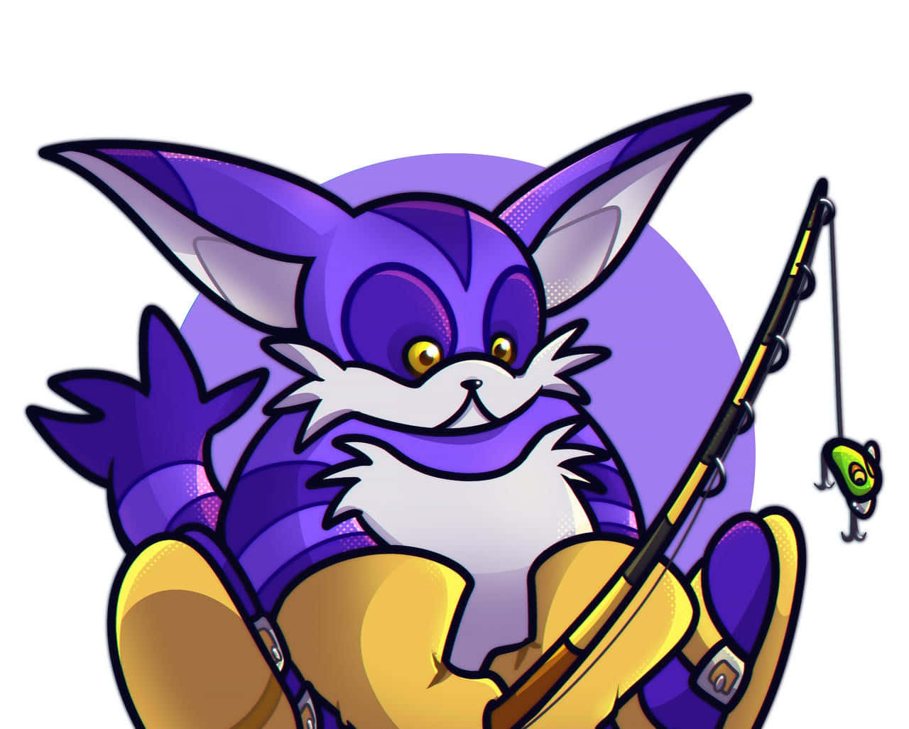 Big The Cat 桌布 壁紙 — 一隻紫色卡通狐狸，黃色眼睛，手持帶有綠色假餌的釣竿，背景為紫色圓形。