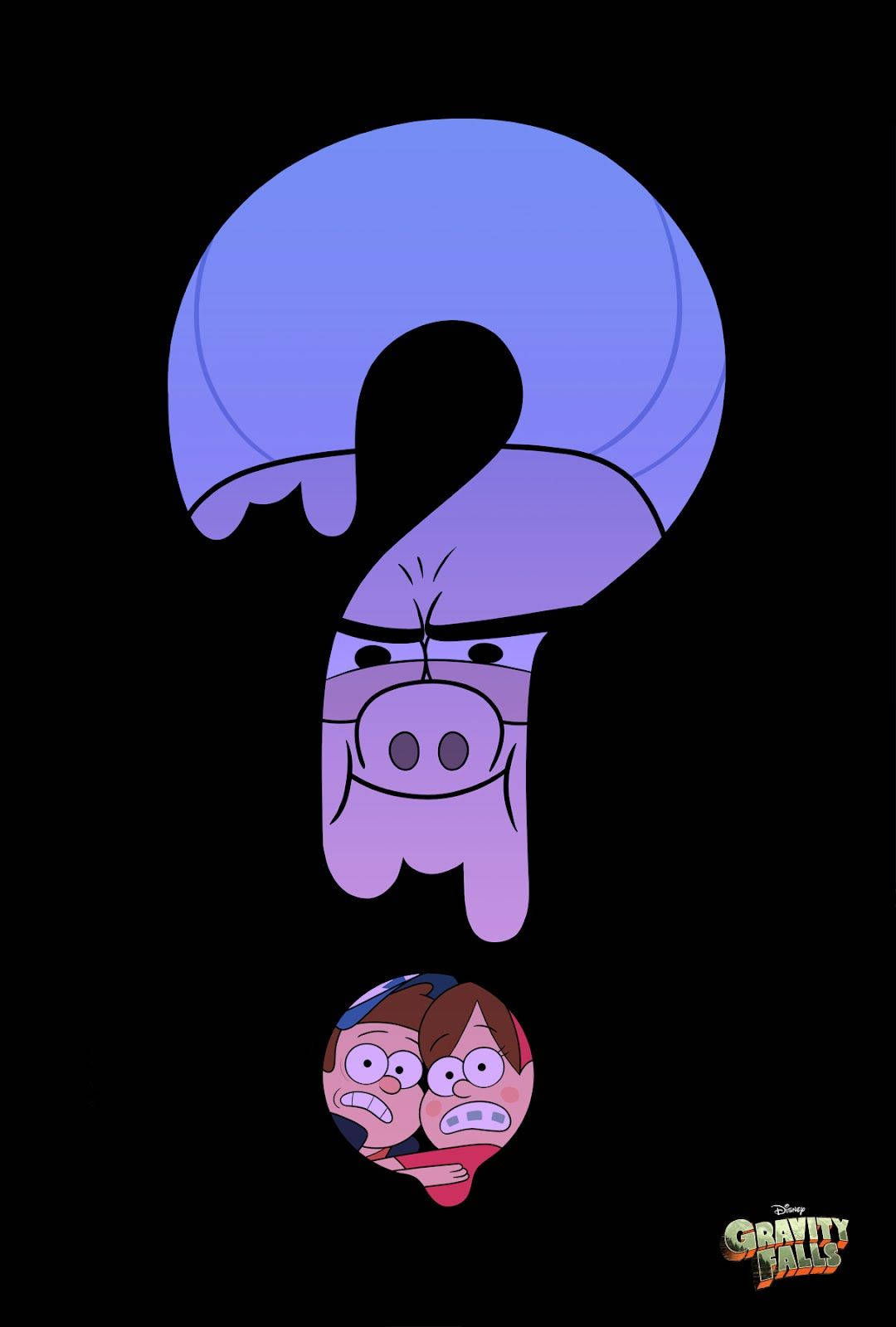 dipper pines 桌布 壁紙 — 一隻紫色卡通豬帶著憤怒的表情被困在一個巨大的發光藍色問號內，背景為黑色。