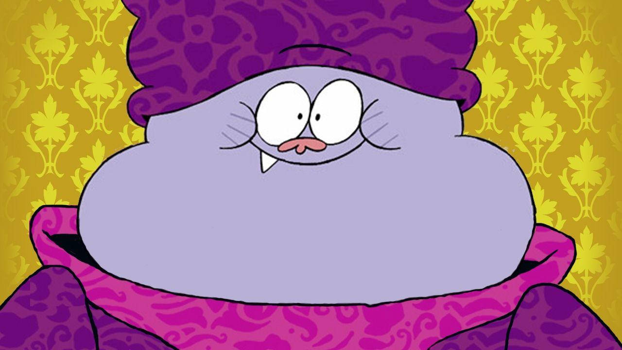 Chowder Cartoon 桌布 壁紙 — 一隻紫色卡通貓，長著吸血鬼尖牙，表情震驚，穿著相配的紫色帽子和長袍，背景是黃色花卉壁紙。