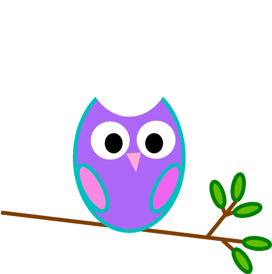 Owl Free 桌布 壁紙 — 一隻紫色卡通貓頭鷹，頭上頂著一個白色雞蛋，棲息在帶有綠葉的樹枝上。