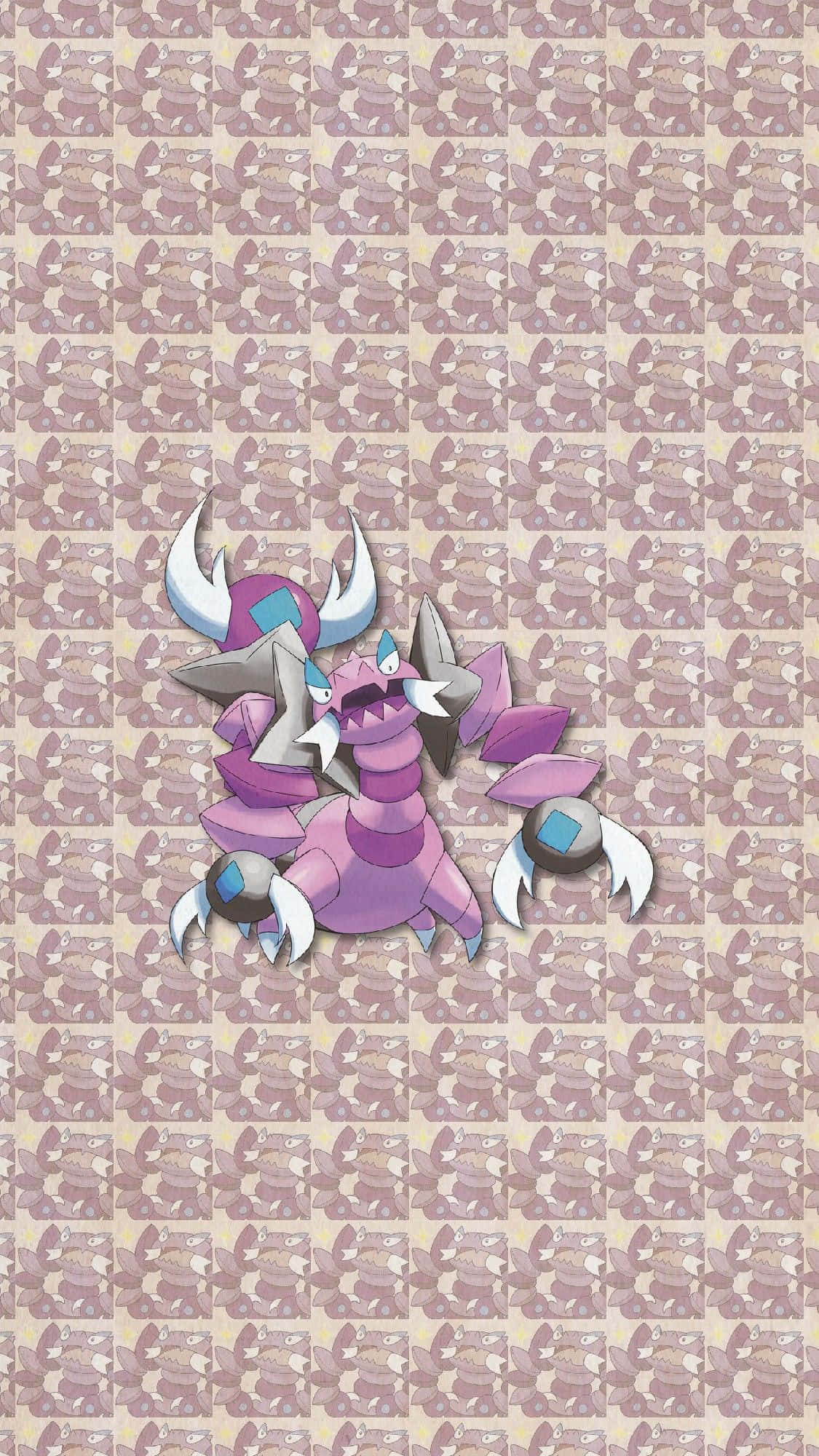 Pokémon 手機 桌布 壁紙 — 一隻紫色和銀色、有角和爪的寶可夢，大膽地站在重複圖案的背景前。