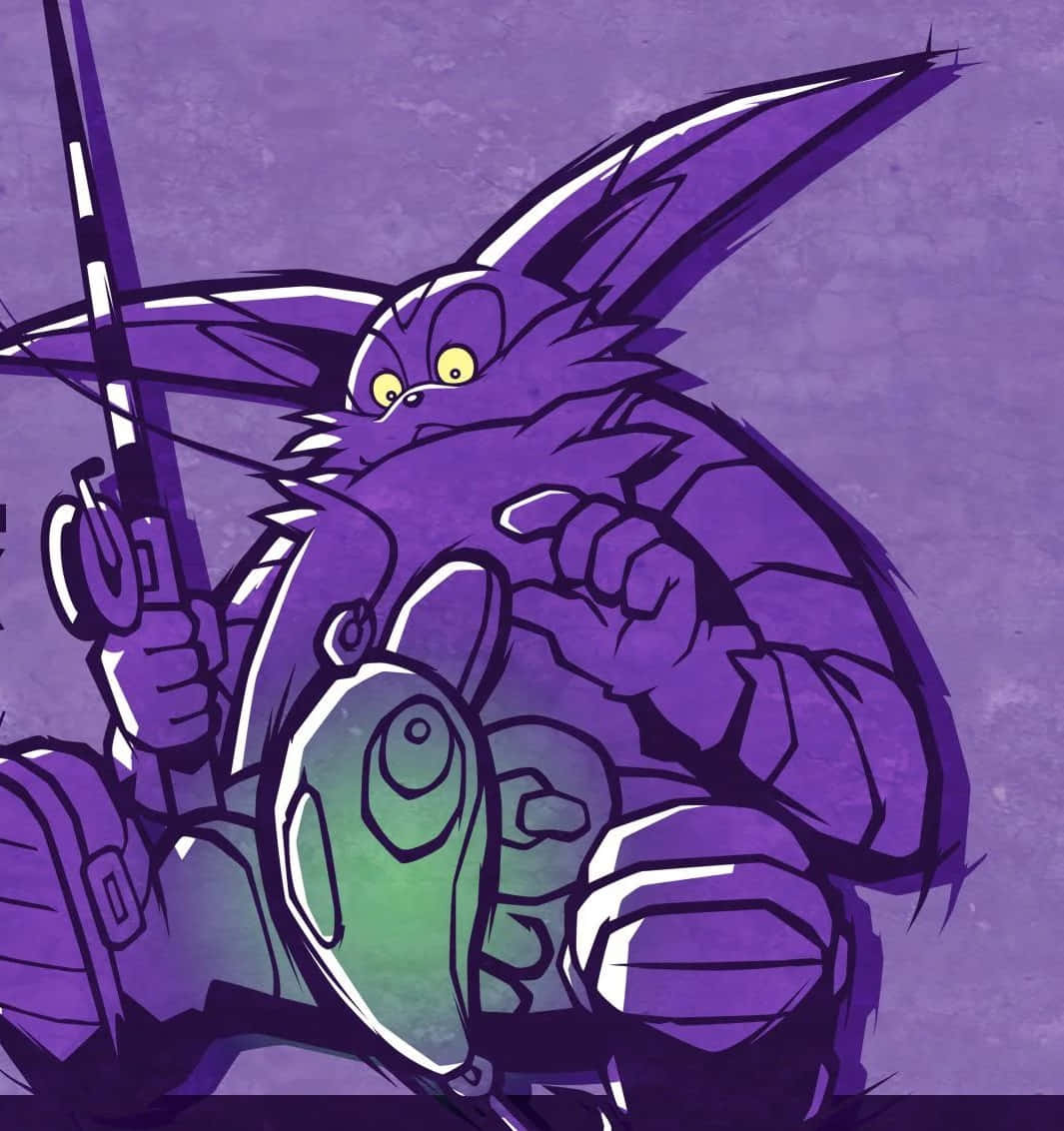 Big The Cat 桌布 壁紙 — 一隻紫色擬人化兔子，黃色眼睛，在帶紋理的紫色背景前拿著釣竿和一條綠色魚。