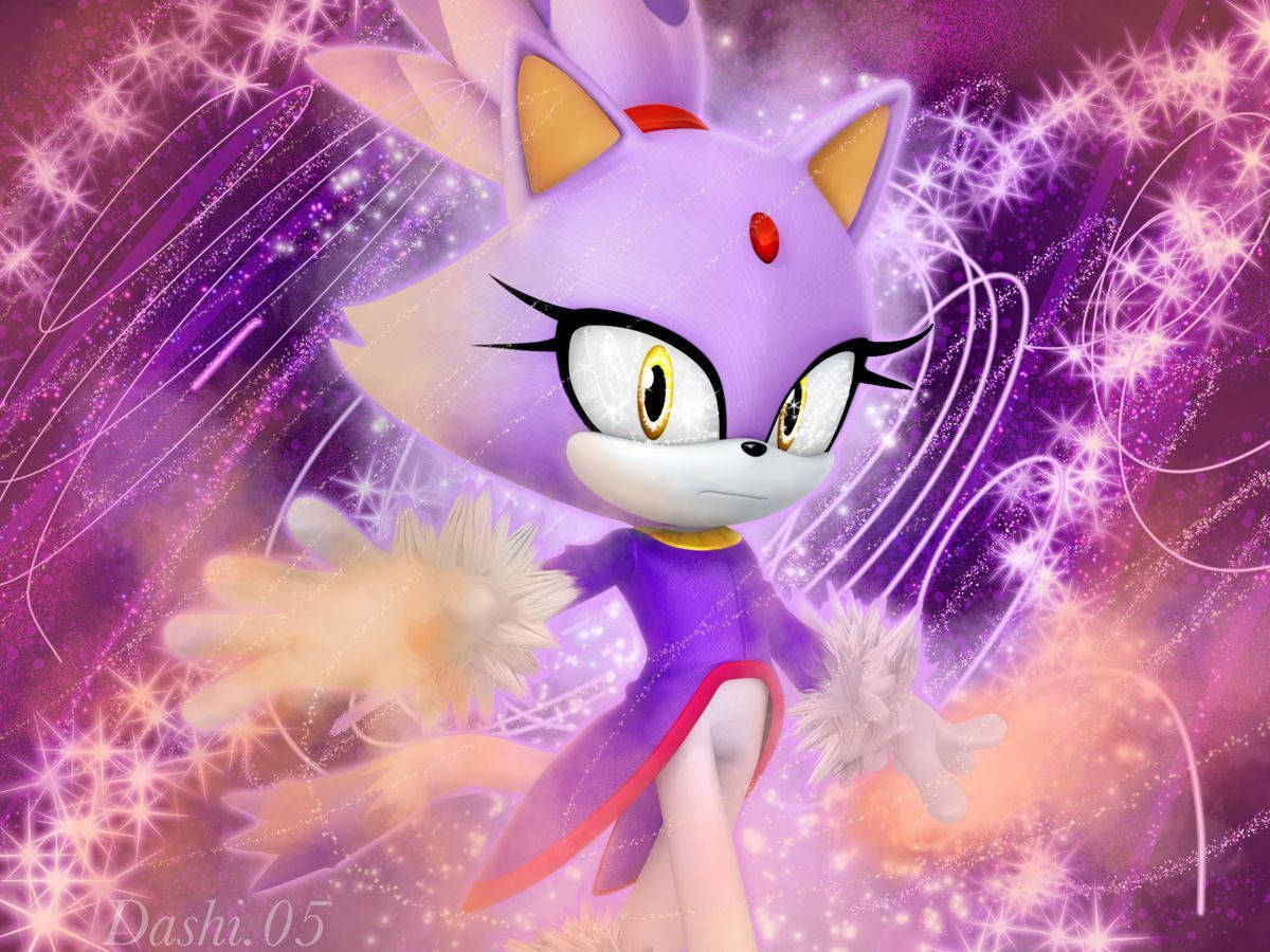 Blaze The Cat 桌布 壁紙 — 一隻紫色擬人化狐狸，有著黃色眼睛和紅色點綴，自信地站在閃爍的宇宙紫色背景前。