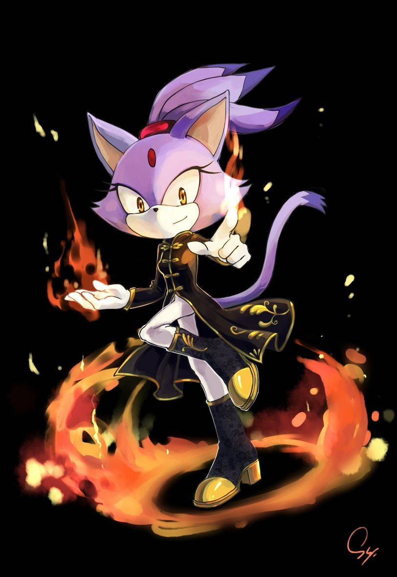 Blaze The Cat 桌布 壁紙 — 一隻紫色擬人化狐狸，腳和手周圍有熾熱的橙色火焰在黑色背景上旋轉。