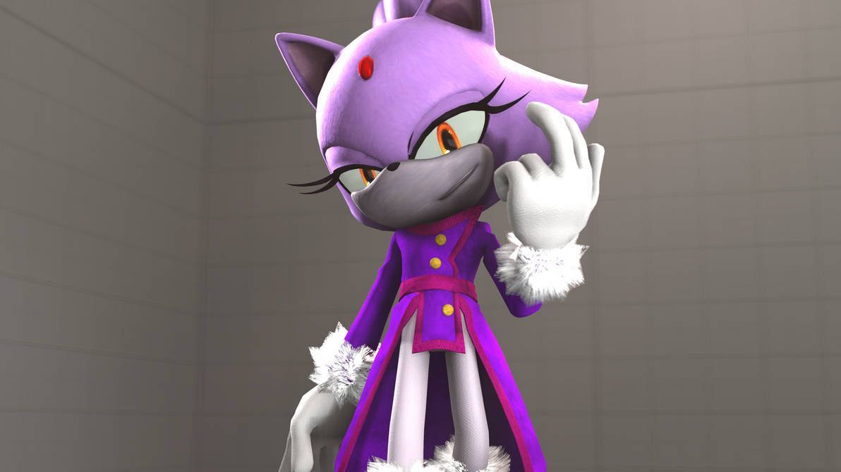 Blaze The Cat 桌布 壁紙 — 一隻紫色擬人化狐狸，身穿帶有白色毛皮飾邊的紫色華麗外套，站在鋪滿瓷磚的房間裡，自信地舉起手。