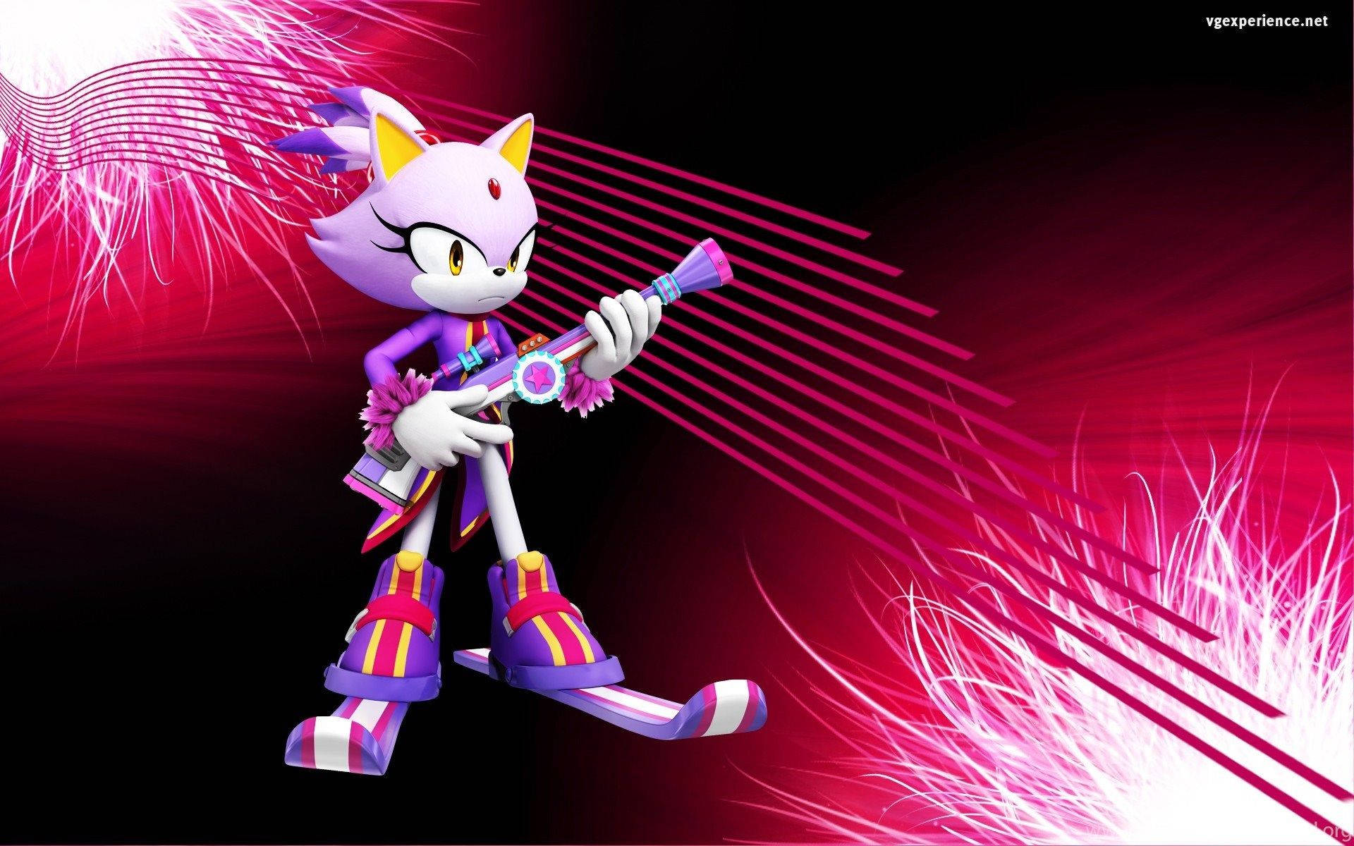 Blaze The Cat 桌布 壁紙 — 一隻紫色擬人化狐狸，黃色眼睛，在動態紅黑背景上彈奏粉紅色電吉他，背景有光線條紋。