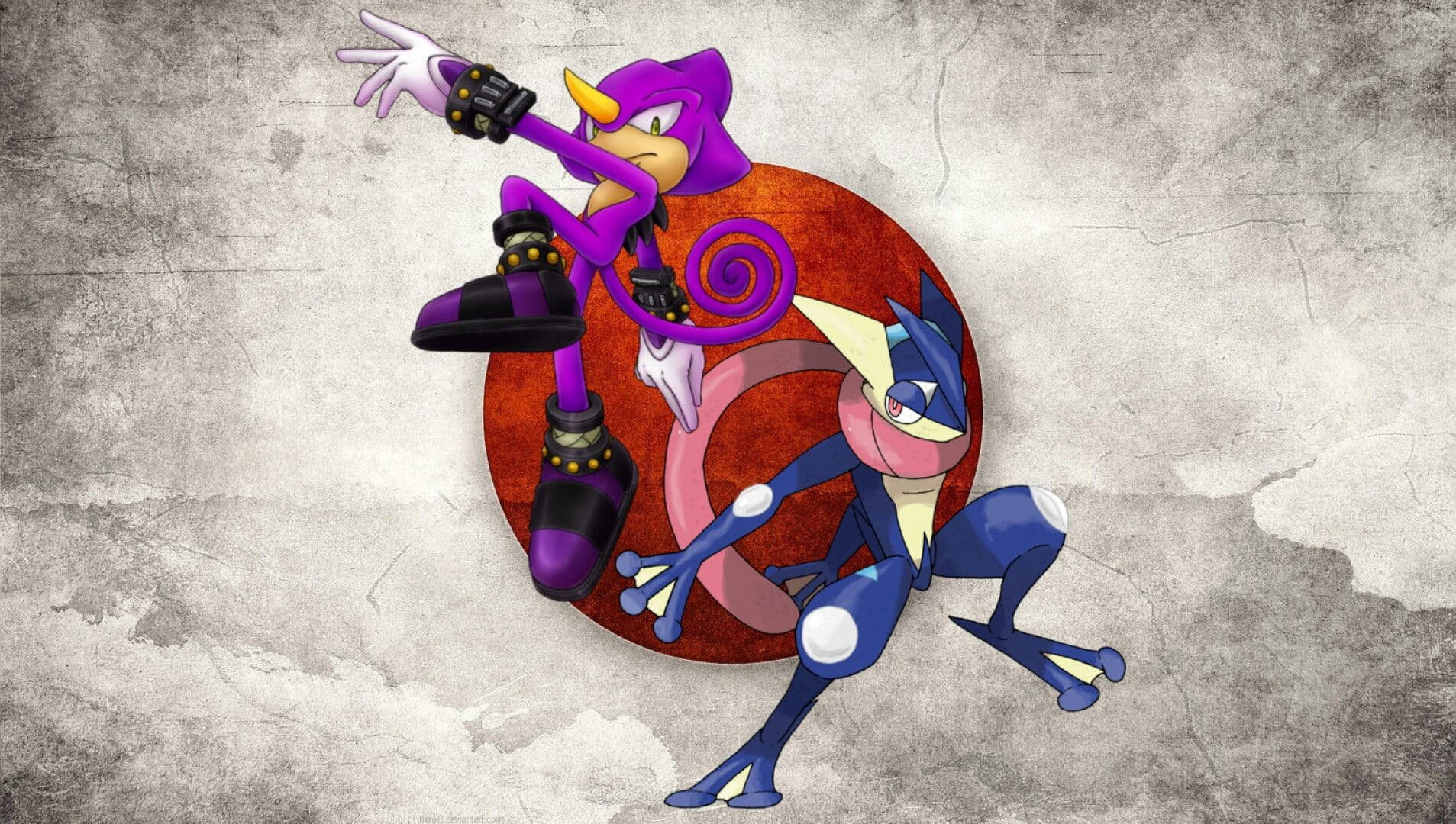 chameleon 桌布 壁紙 — 一隻紫色擬人化狐狸和藍色青蛙狀生物在裂紋混凝土背景上動態擺姿勢，帶有紅色圓形元素。