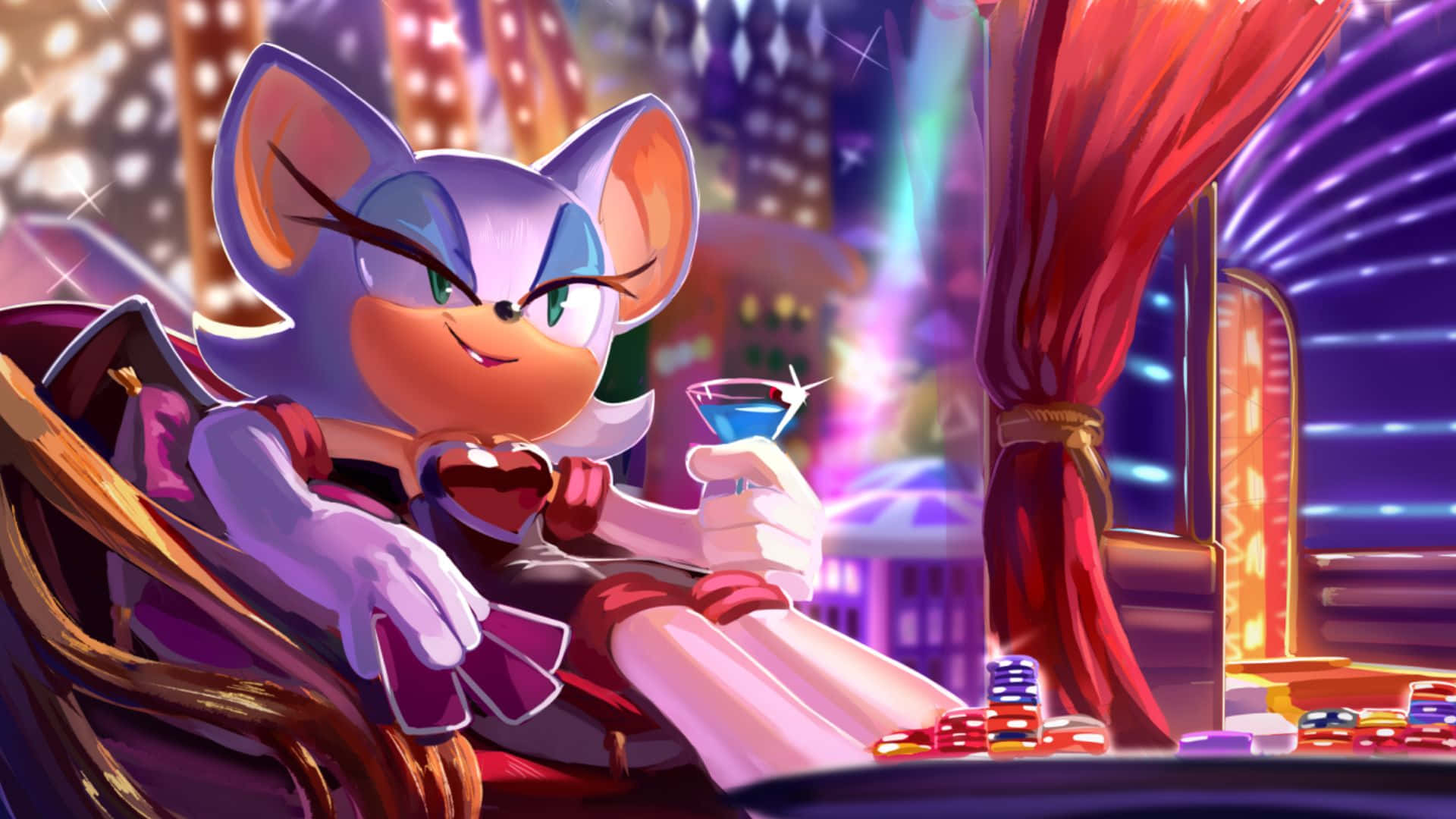 Rouge The Bat 桌布 壁紙 — 一隻紫色擬人化狐狸在賭場休息室啜飲雞尾酒，臉上掛著得意的笑容，身後霓虹燈閃爍。