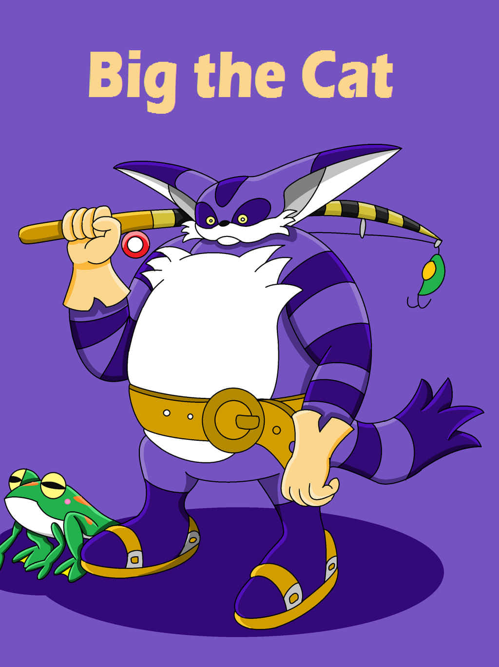 Big The Cat 桌布 壁紙 — 一隻紫色條紋卡通貓拿著釣竿，自豪地站在一隻綠色青蛙旁邊，背景是純紫色。