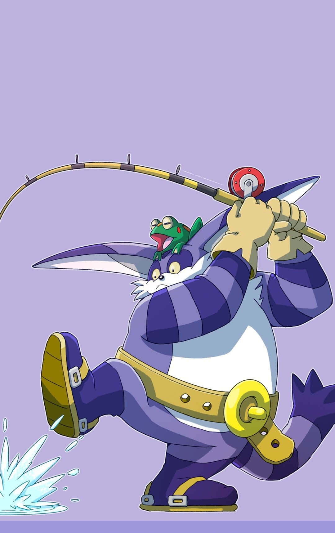 Big The Cat 桌布 壁紙 — 一隻紫色條紋擬人化的貓，肩上有一隻綠色青蛙，站在水中努力地拉魚。