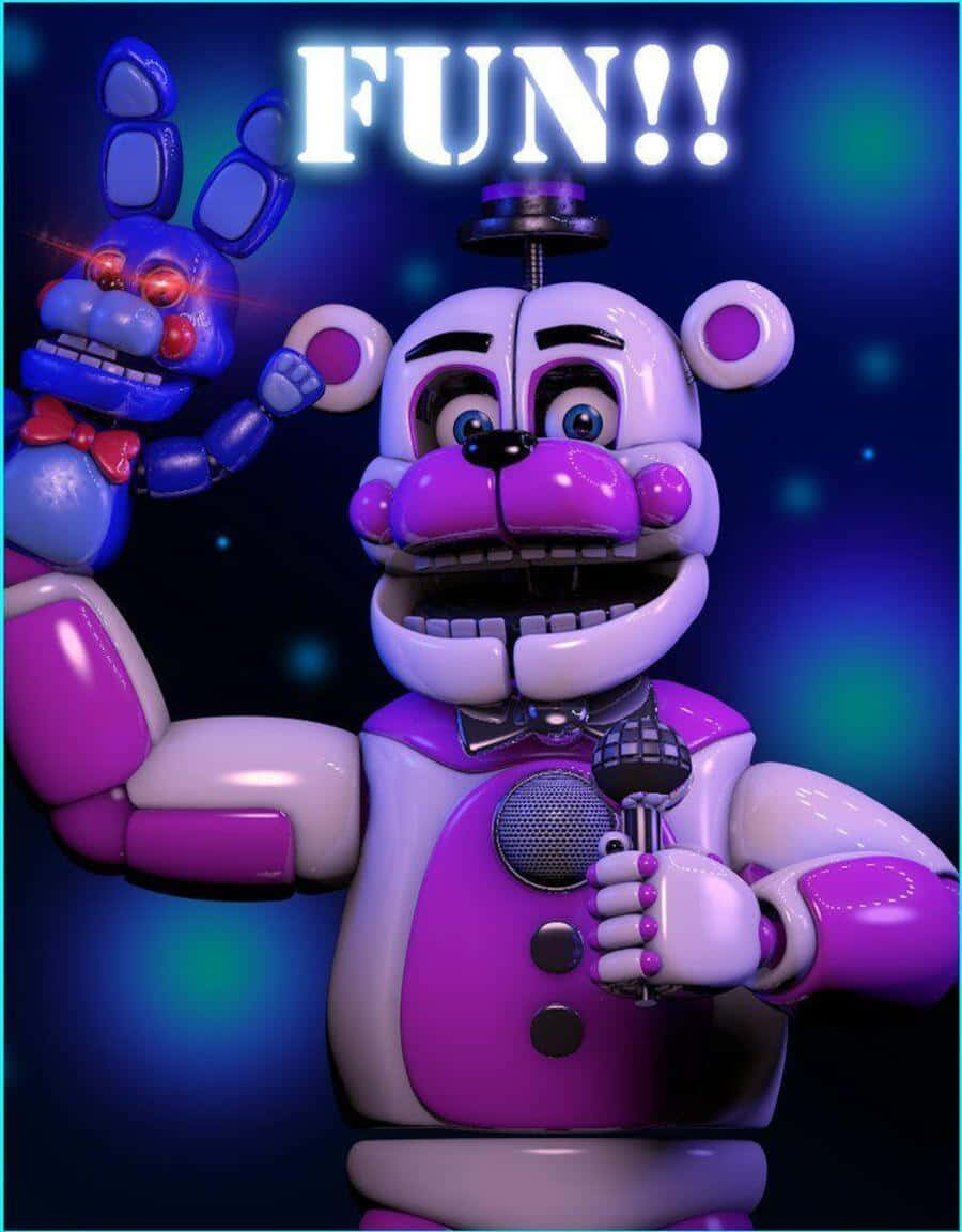 Funtime Freddy 桌布 壁紙 — 一隻紫色機械熊拿著麥克風，和一隻藍色機械兔在發光的「FUN!!」文字下揮手。