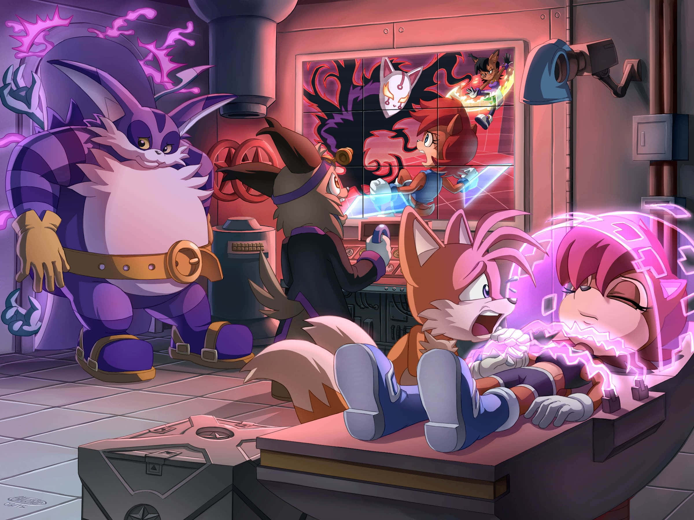 Sonic Characters 桌布 壁紙 — 一隻紫色狐狸和粉紅色刺蝟在高科技實驗室中被電能嚇到，有一隻大紫貓和一個像女巫的角色在旁觀看。