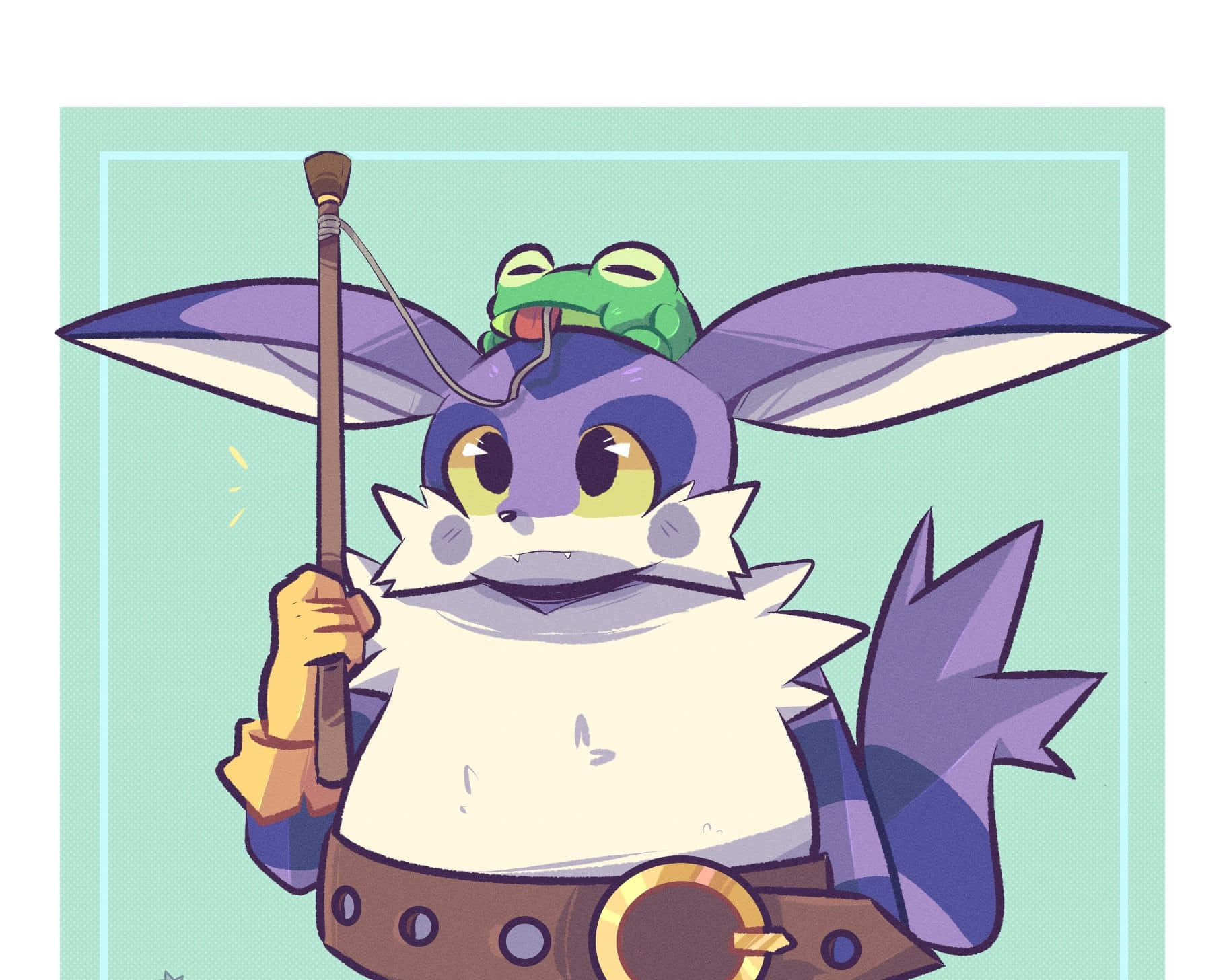 Big The Cat 桌布 壁紙 — 一隻紫色狐狸狀生物，頭頂有青蛙，手持釣竿，背景為薄荷綠色。