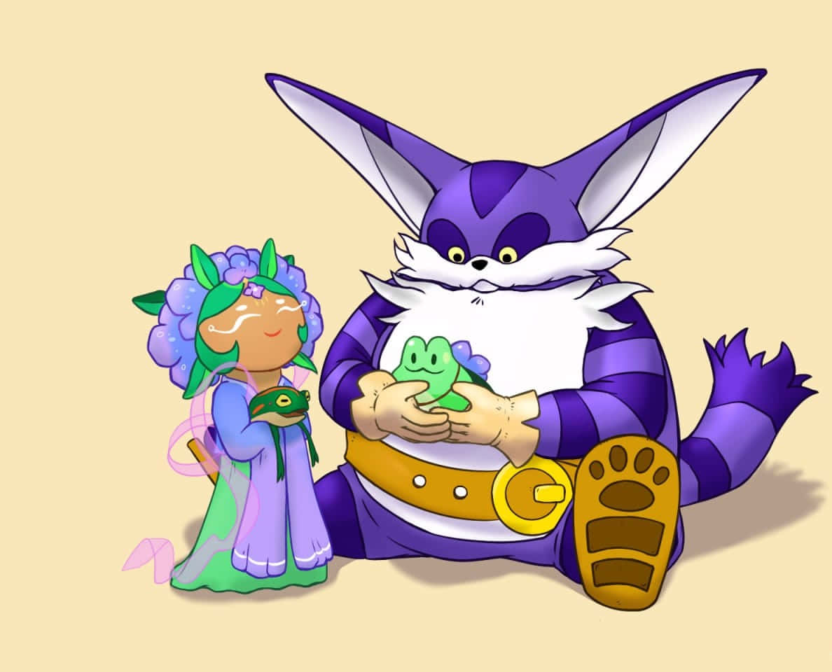 Big The Cat 桌布 壁紙 — 一隻紫色狐狸般的生物，長著白色鬍鬚，抱著一隻綠色青蛙，旁邊站著一個穿著紫色和綠色衣服、頭戴花朵的小女孩。