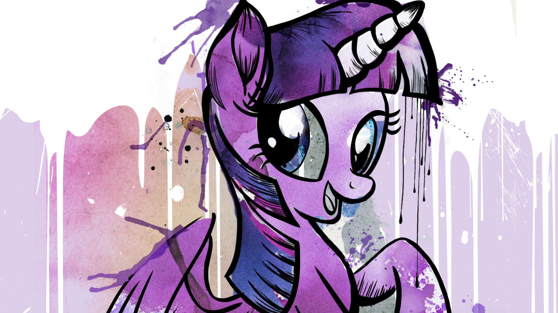 My Little Pony Desktop 桌布 壁紙 — 一隻紫色獨角獸帶著淚眼表情，站在充滿活力的水彩背景和顏料飛濺中。