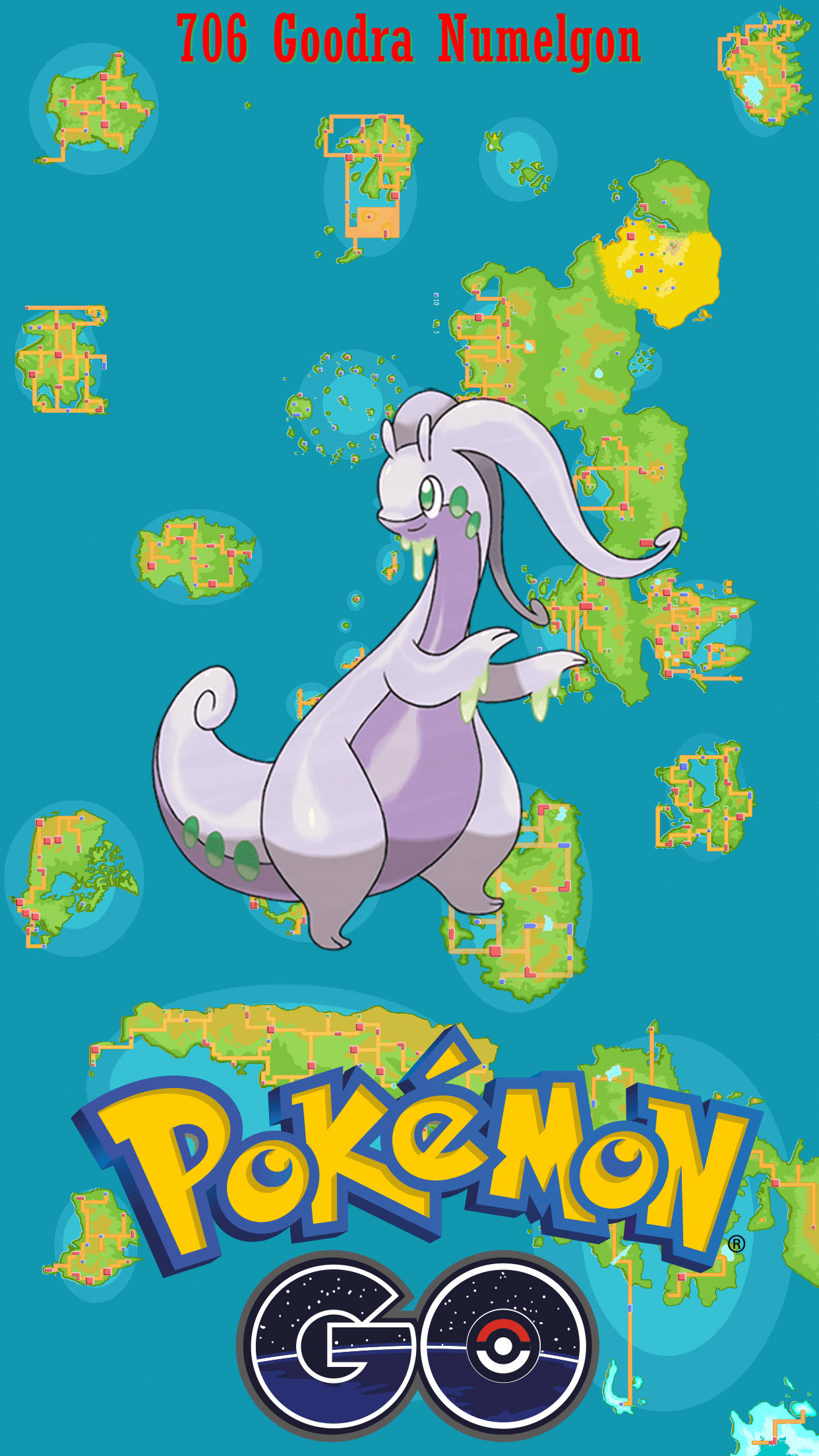 iPhone 桌布 壁紙 — 一隻紫色的Goodra帶著綠色黏液滴，漂浮在充滿Pokémon GO地圖碎片的青綠色背景上方。