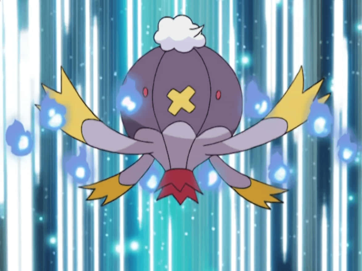 Pokemon Aesthetic 桌布 壁紙 — 一隻紫色的寶可夢，有黃色翅膀狀的四肢和頭上的雲朵，漂浮在發光的藍色能量條紋中。