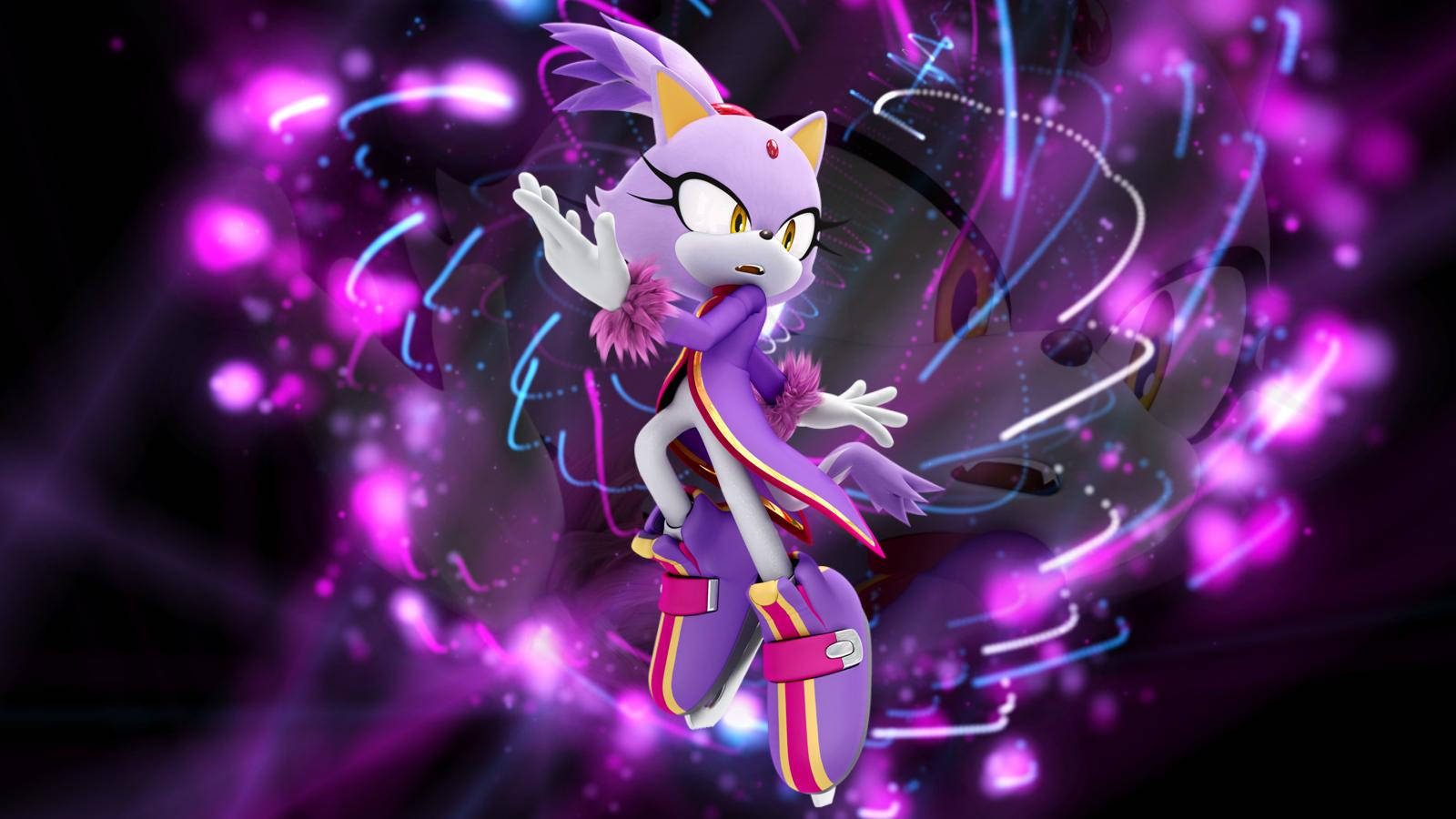 Blaze The Cat 桌布 壁紙 — 一隻紫色的擬人化狐狸，戴著白色手套和靴子，在黑暗背景中漂浮於旋轉的螢光粉紅和藍色能量軌跡之間。