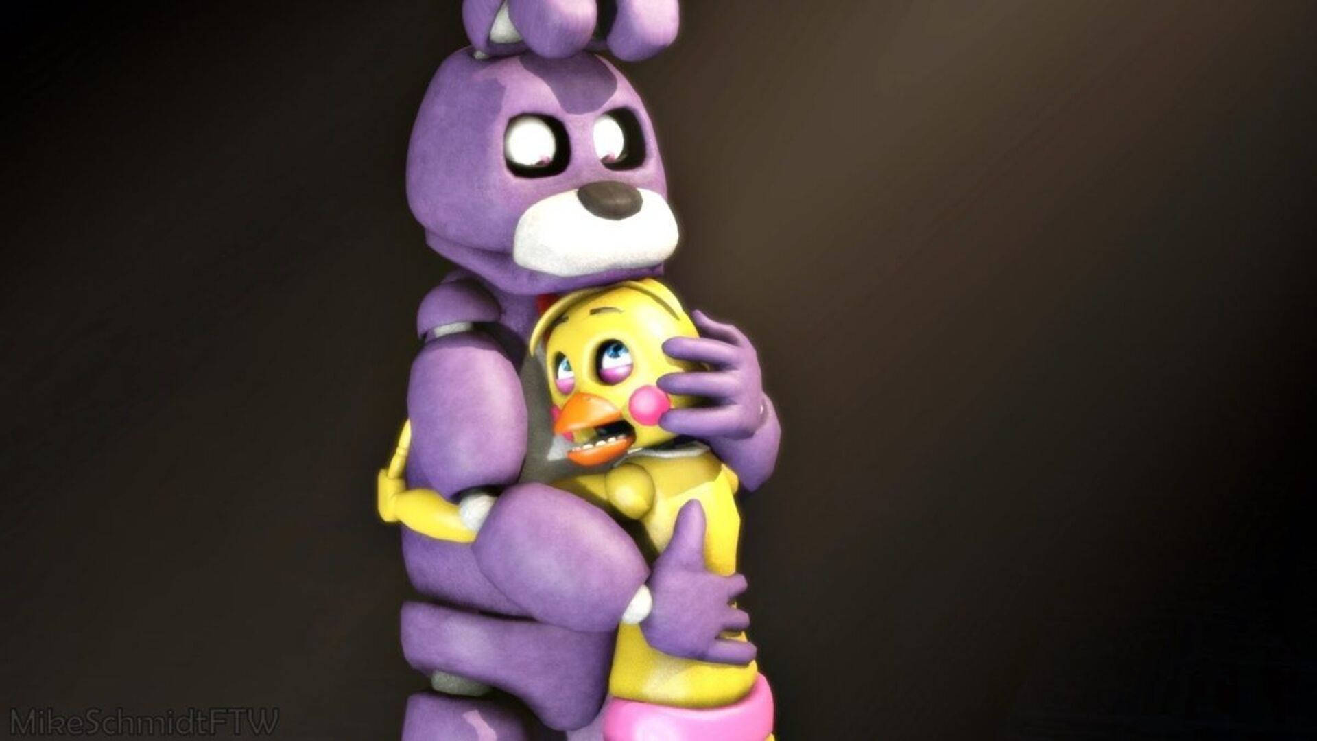 chica 桌布 壁紙 — 一隻紫色的機械兔子在黑暗漸變背景前擁抱一隻受驚的黃色機械小雞。