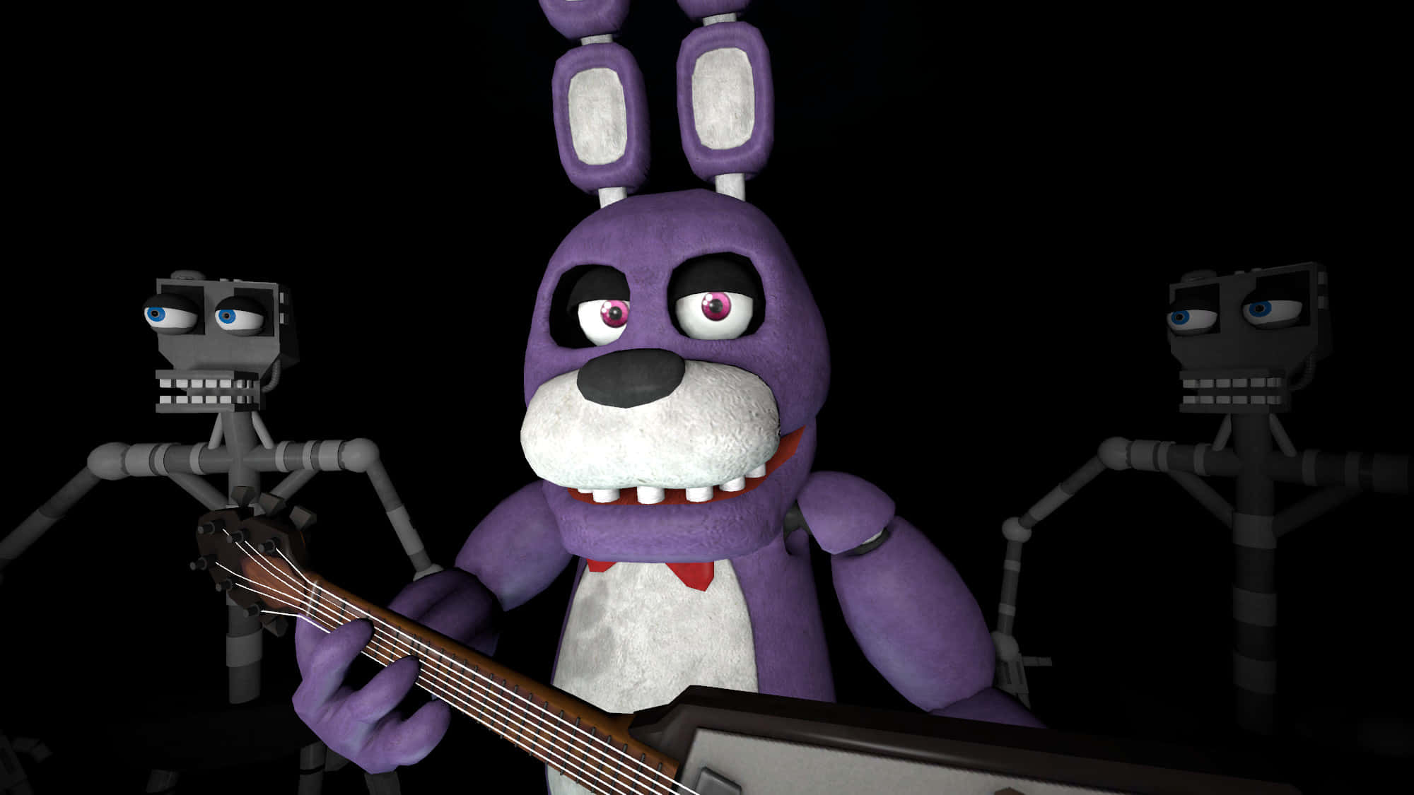 Bonnie The Bunny 桌布 壁紙 — 一隻紫色的電子兔仔有大眼睛彈吉他，兩側有兩個機器人站在黑色背景前。