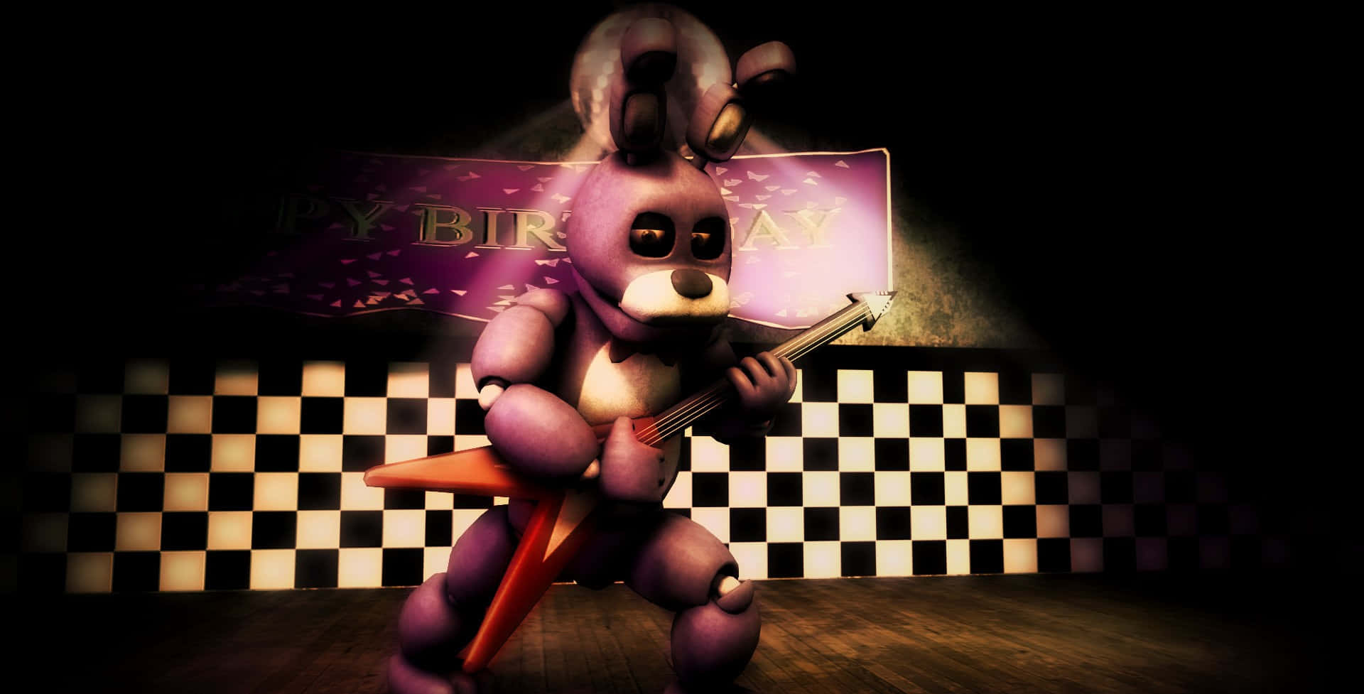 Bonnie The Bunny 桌布 壁紙 — 一隻紫色的電子兔在聚光燈下，在方格牆和生日橫幅前面彈奏紅色電吉他。