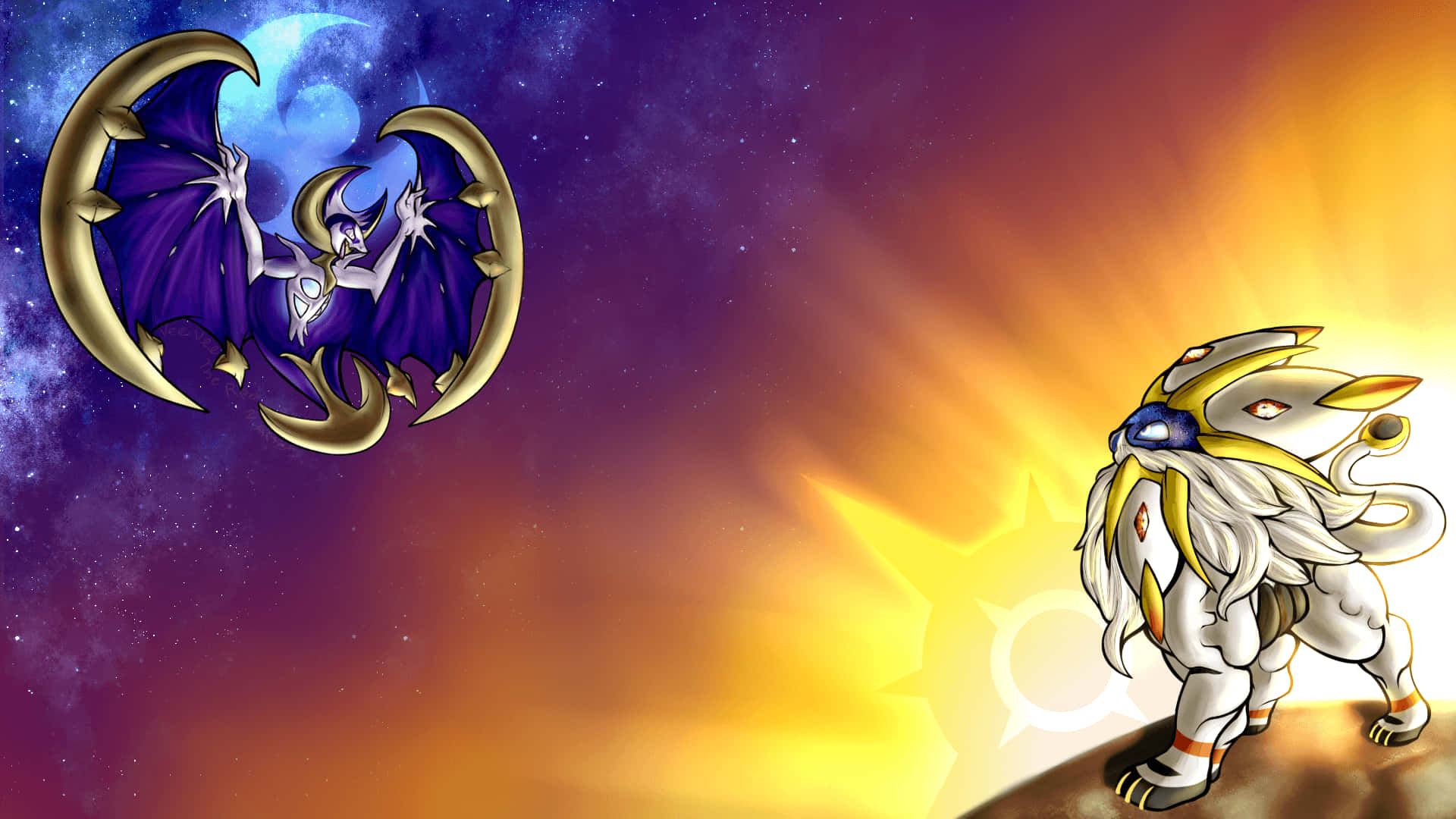 pokemon sun and moon 桌布 壁紙 — 一隻紫色翅膀的月亮生物和一個白色太陽神在宇宙漸變天空下對峙。