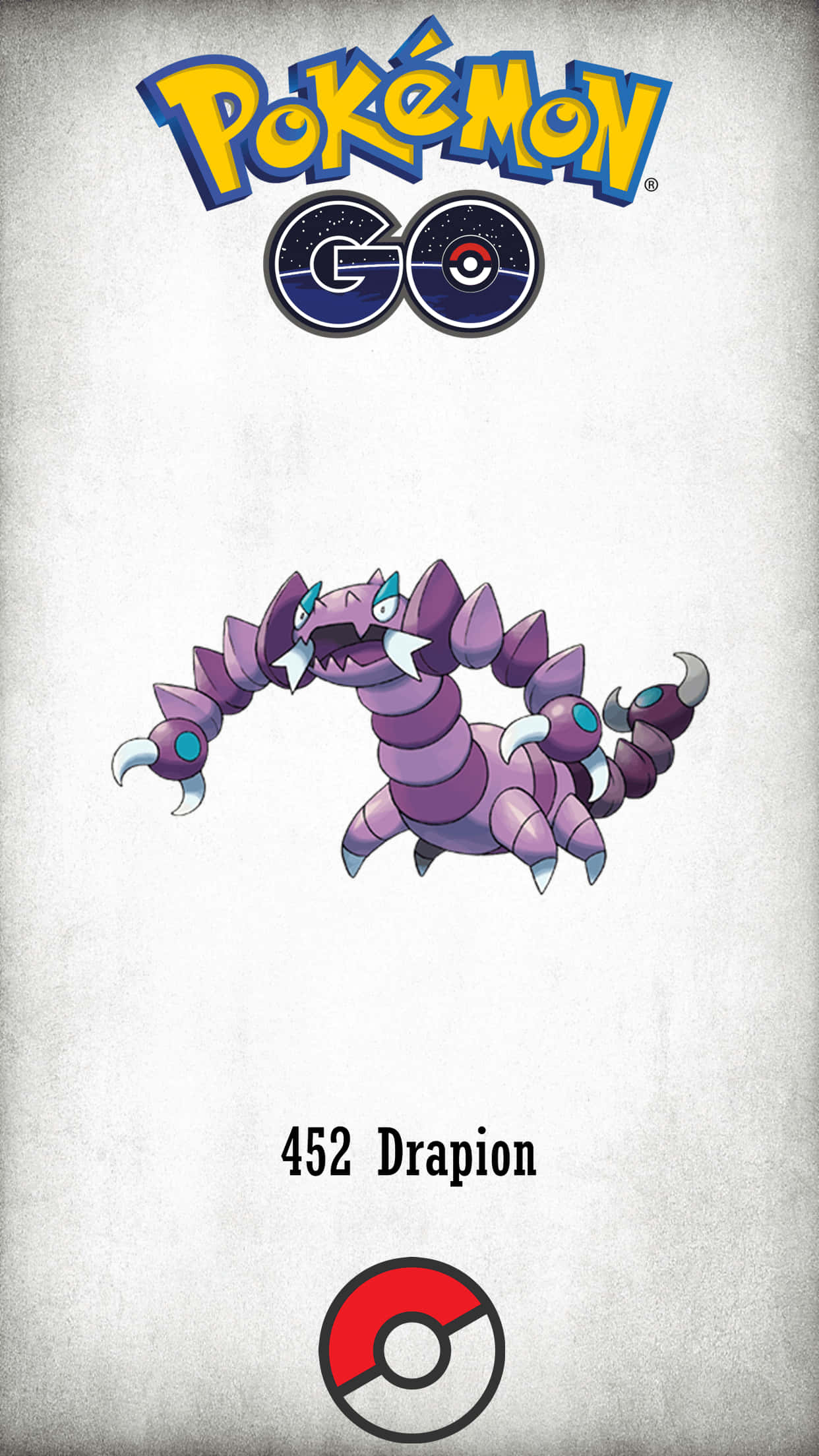 Pokémon 手機 桌布 壁紙 — 一隻紫色蠍子般的寶可夢名為毒骷蛙，在帶有紋理的灰色背景上擺出姿勢，並帶有 Pokémon GO 品牌標誌。
