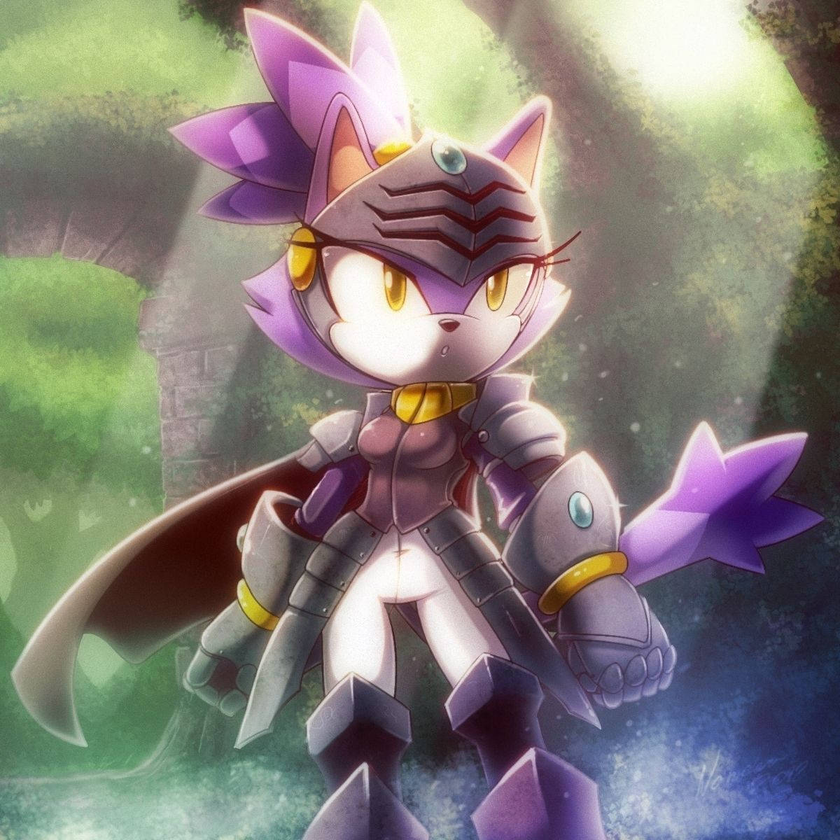 Blaze The Cat 桌布 壁紙 — 一隻紫色裝甲貓戰士站在陽光明媚的森林中，眼睛發光，表情堅定。