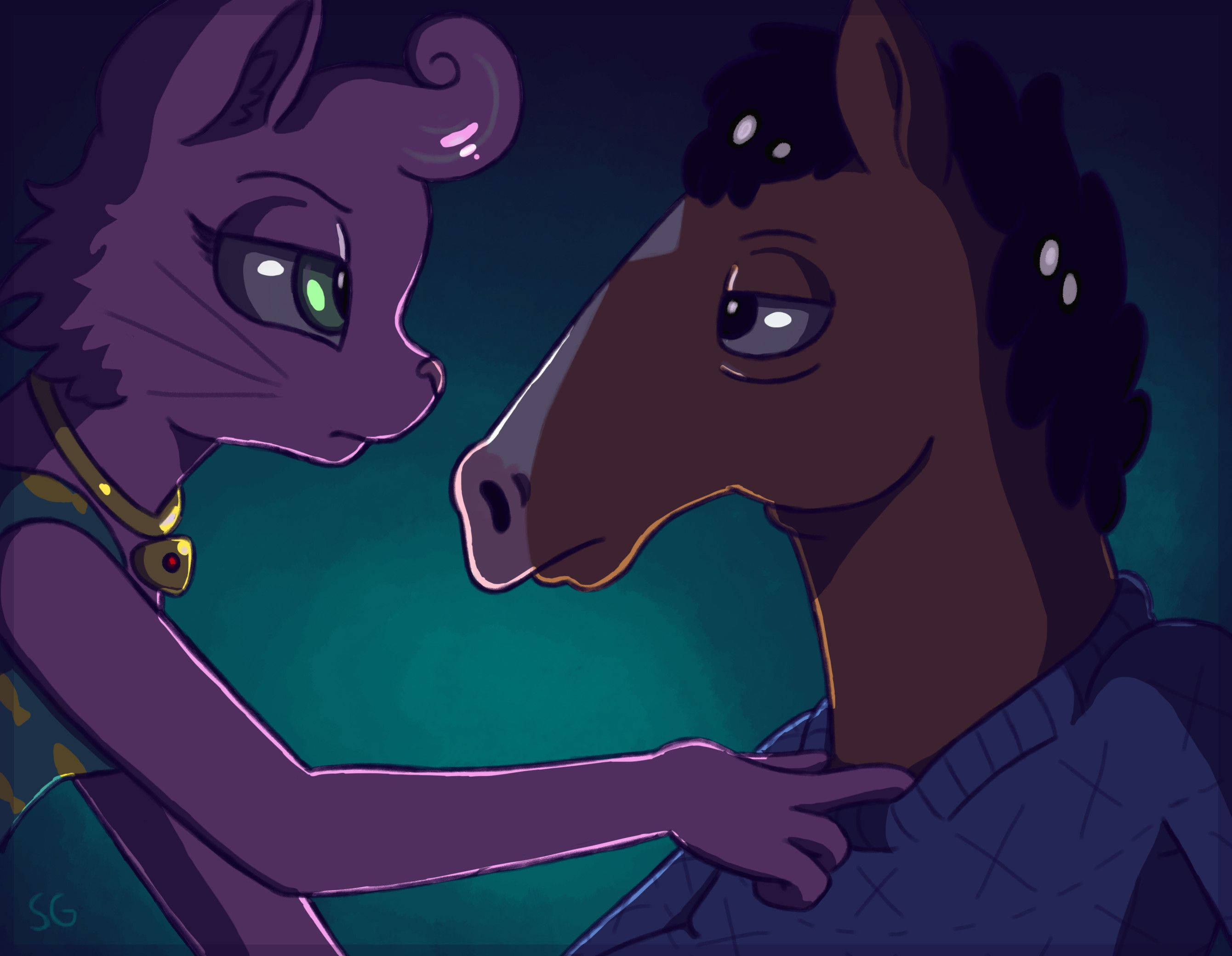 bojack 桌布 壁紙 — 一隻紫色貓狀生物，綠色眼睛，在昏暗的藍綠色房間裡輕輕觸碰棕色馬的肩膀。