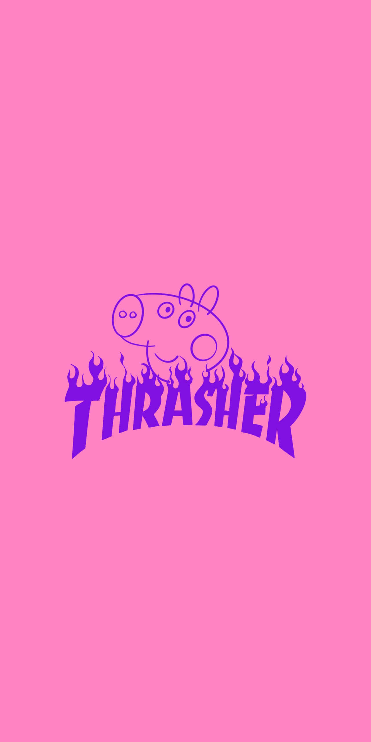 Thrasher 桌布 壁紙 — 一隻紫色輪廓的卡通豬，在純粉紅色背景上，THRASHER 字樣下方有火焰。