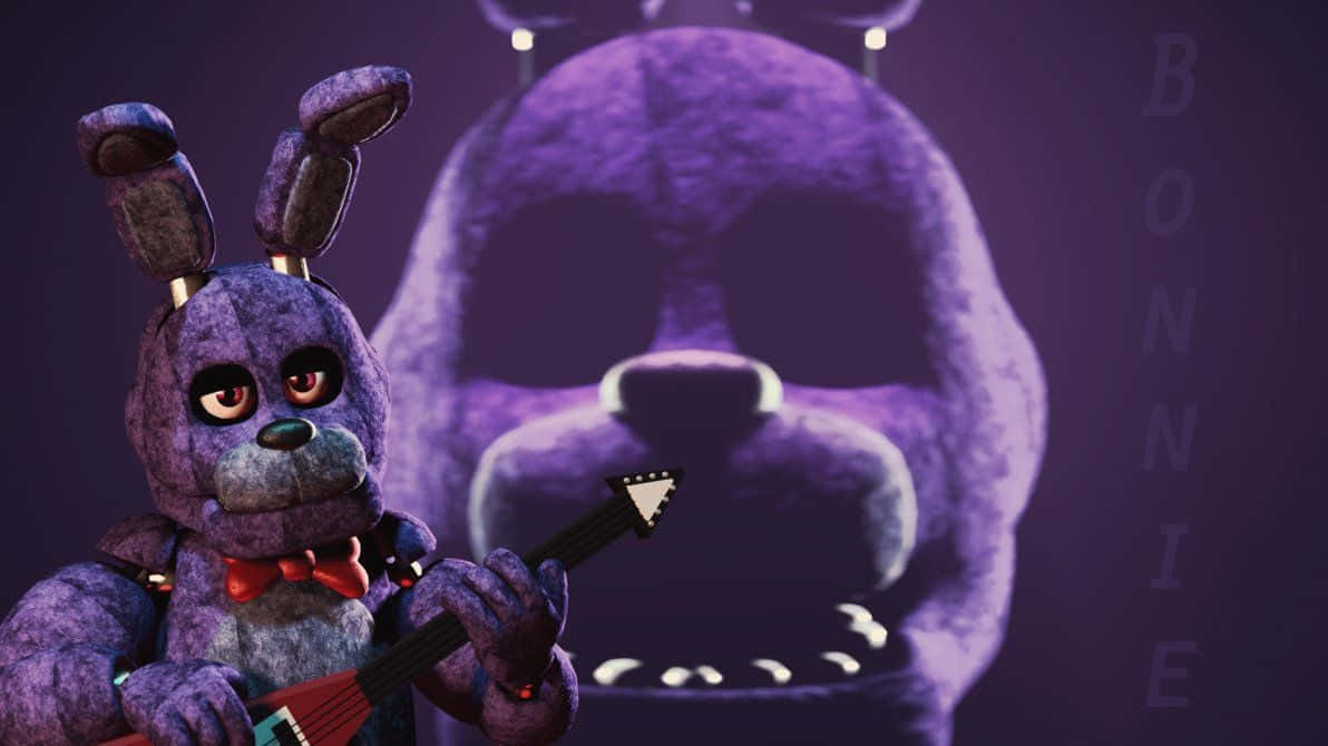 Bonnie The Bunny 桌布 壁紙 — 一隻紫色電子兔彈吉他，背後在昏暗紫色燈光下有一個巨大的威脅性兔頭若隱若現。