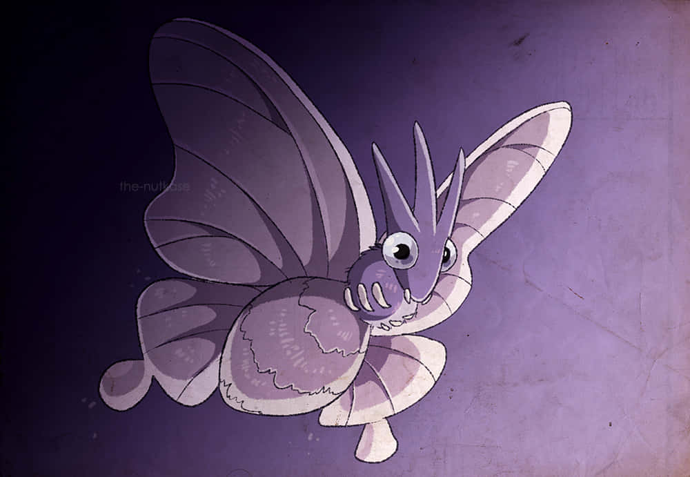 寶可夢 桌布 壁紙 — 一隻紫色飛蛾般的動漫生物，有著大眼睛和精緻的翅膀，漂浮在帶有紋理的紫色背景上。