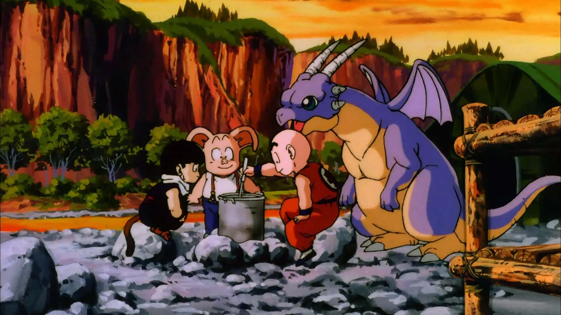 Dbz 桌布 壁紙 — 一隻紫色龍和三個孩子在日落時分聚集在岩石峽谷的一個鍋周圍。