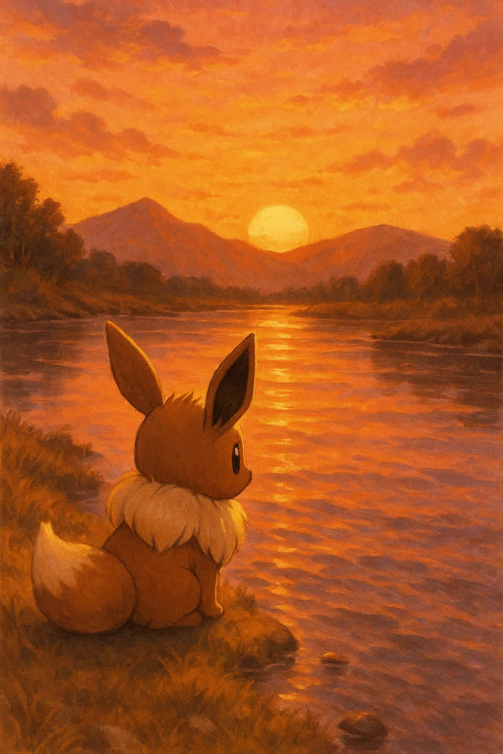 Eevee Wallpaper Pokemon 4K WEBP HD Download 壁紙 — 一隻細小像狐狸的生物坐在河邊，看著遠山上方發光的橙色日落。