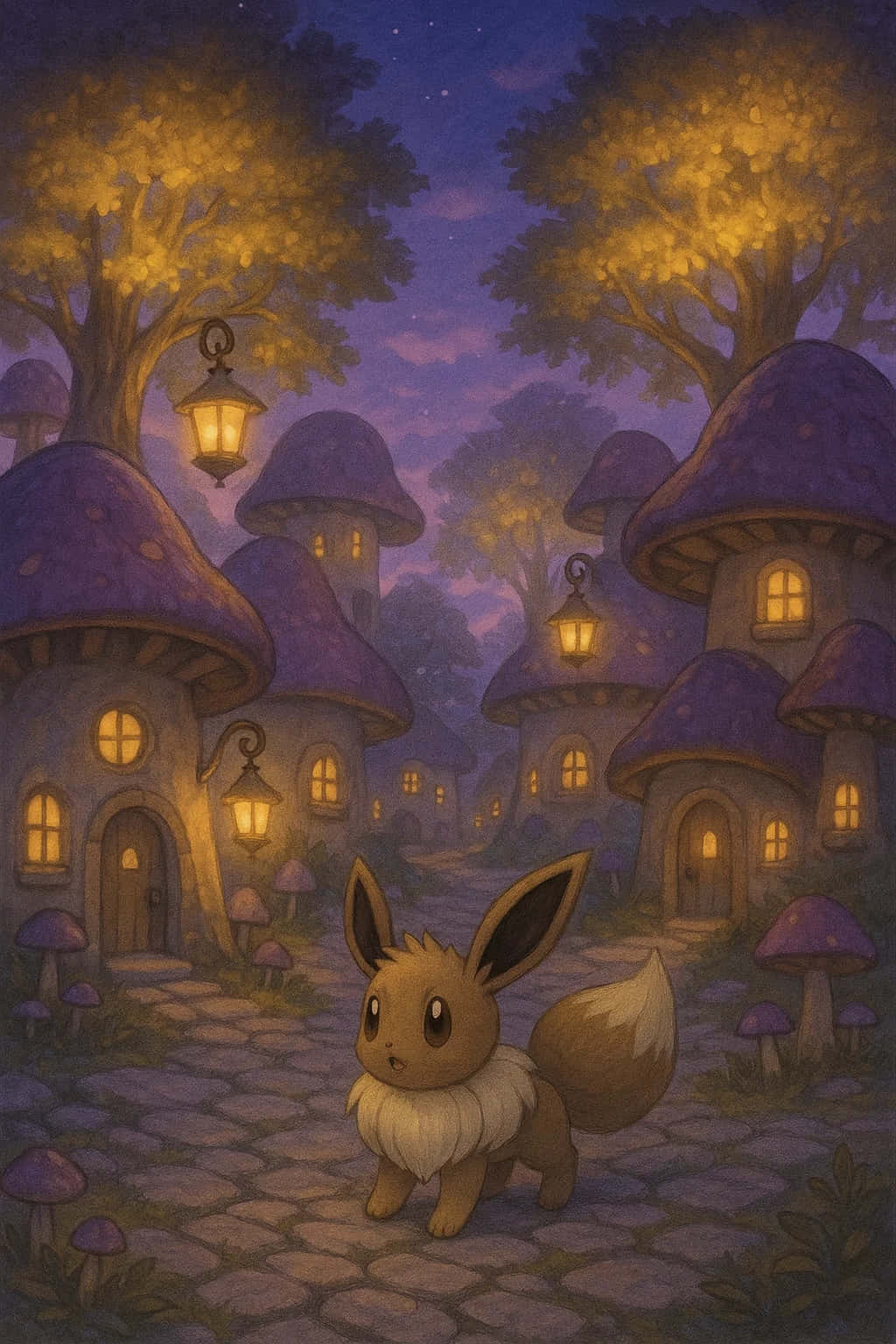 Eevee Wallpaper Pokemon 4K WEBP HD Download 壁紙 — 一隻細小像狐狸的生物沿著鵝卵石小路走向發光的蘑菇屋，在星光燦爛的暮色天空下。